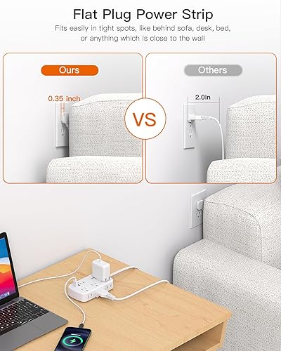 Miniatura 9 de Cable de extensión de 15 pies, cable de extensión largo, regleta de alimentación de enchufe plano con USB C, 6 salidas con 4 puertos USB (2 salidas