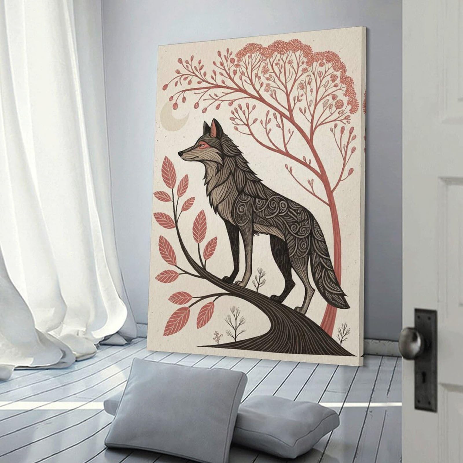 Junmoney Stylized Wolf on A Branch Wall Picture Print 20x30inch(50x75cm), for Bedroom Decor, Cosy Corners Or Studios, Home Artwork with A Soft Interior Feel