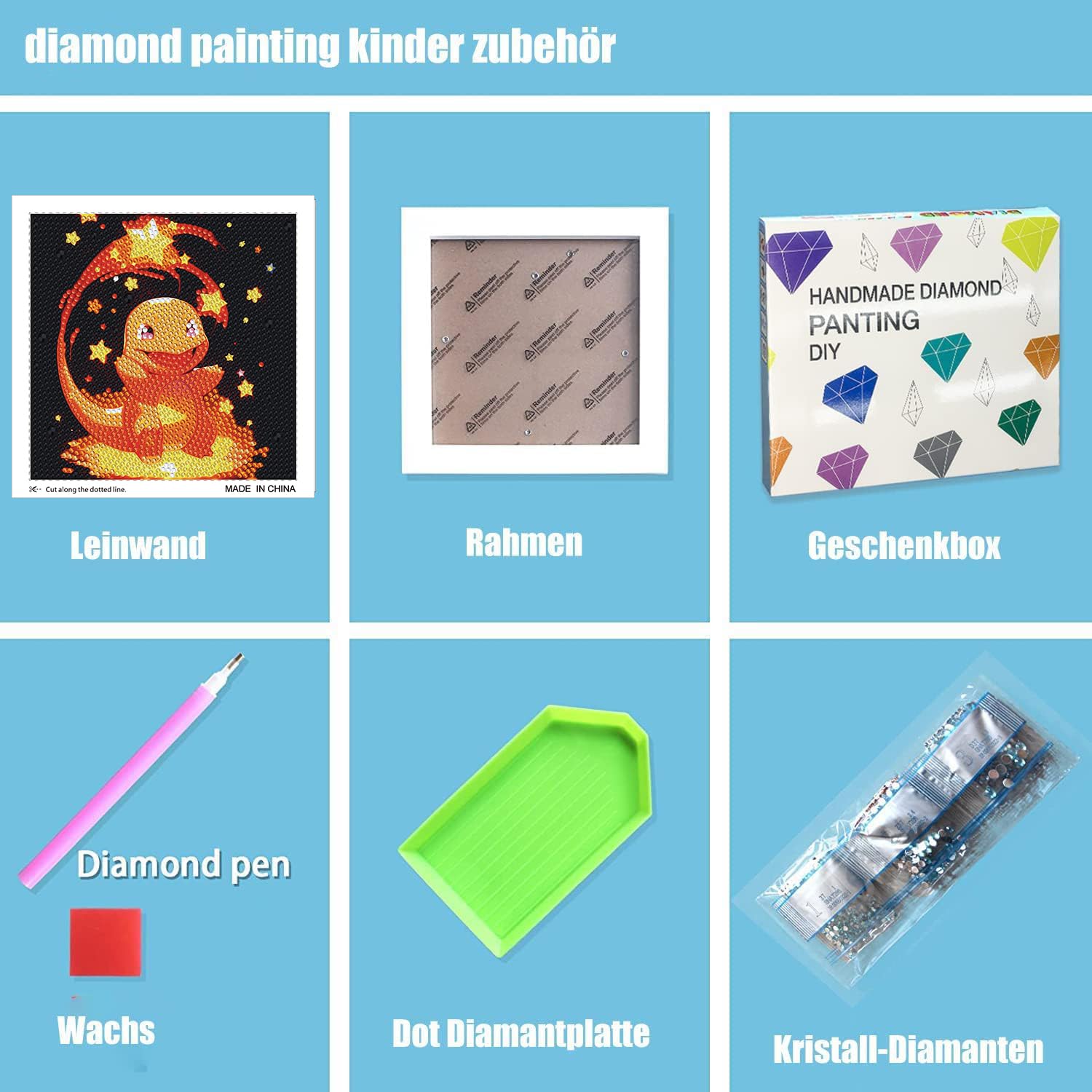 Diamond Painting - Set di immagini per bambini con drago infuocato, 5D, con cornice, regali creativi per ragazze e ragazzi, set fai da te per bambini dai 6 anni in su, 18