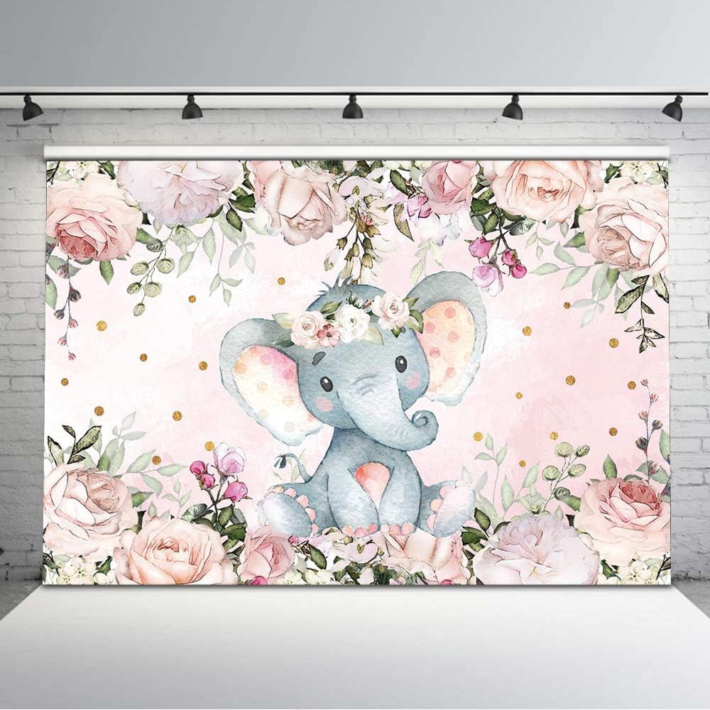 Mocsicka Elephant Baby Shower Backdrop Pink Floral Elephant Baby Shower Background for Girls 7x5ft Elephant Baby Shower Birthday Backdrops (8x6)