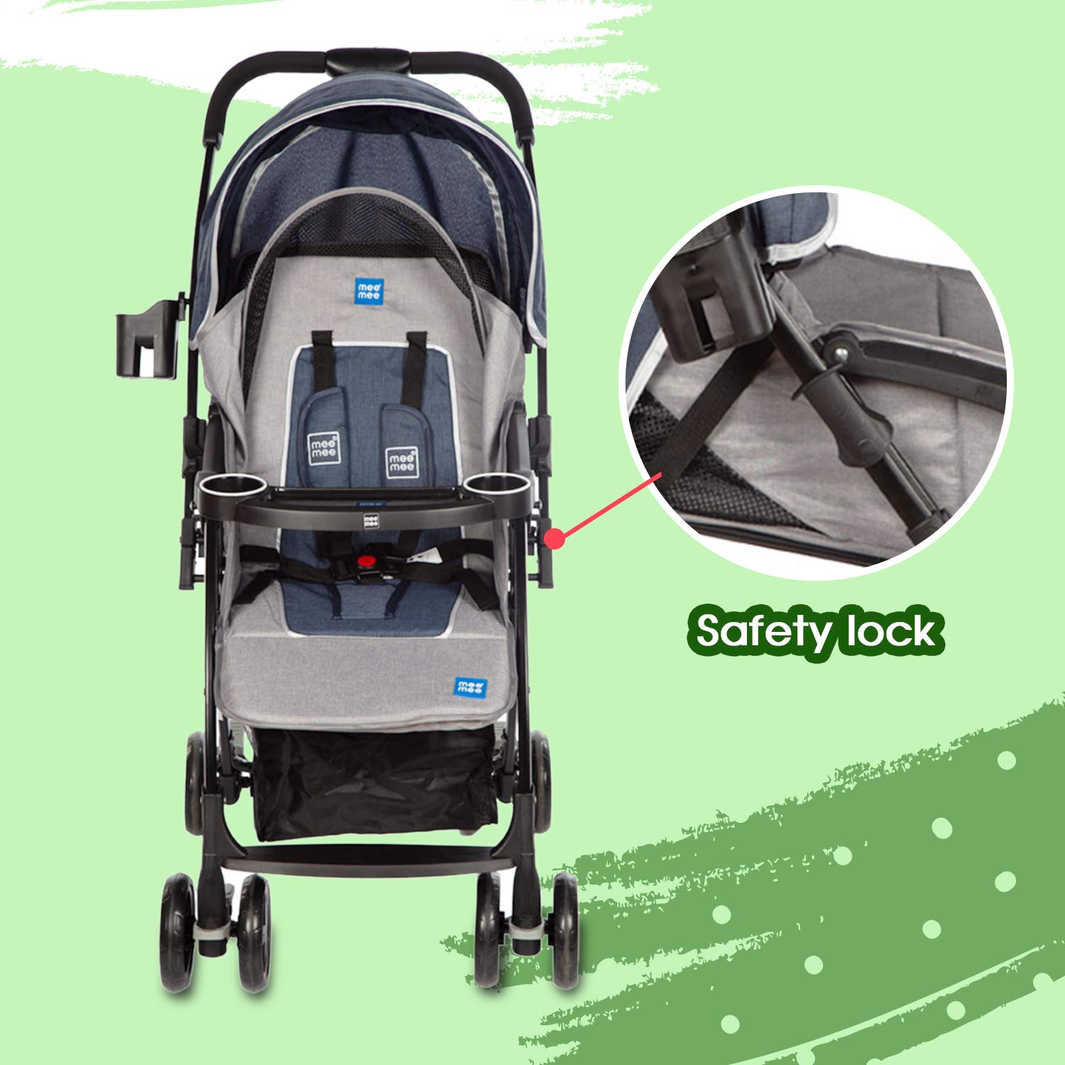 Mee Mee Baby Stroller & Pram for Babies of 0-3 Years | 5 Point Safety Harness Belt, 3 Recline Position, Foldable, Adjustable Canopy, Leg & Footrest with Large Basket | Easy to Carry (Blue) 3