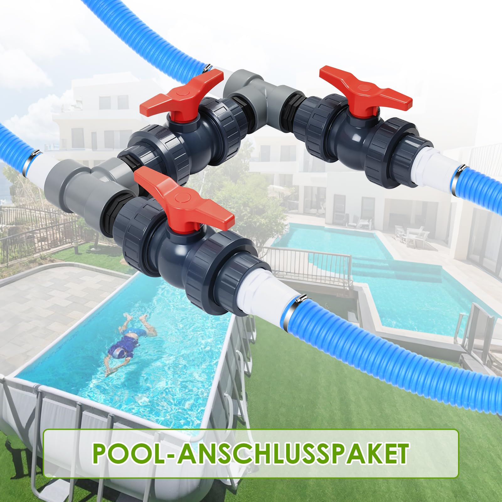 Bypass Pool Set, Ø 50 mm Wärmepumpe Pool Anschluss Set, Pool Bypass Set Wärmepumpe mit 32mm 38mm Schläuchen, Poolheizung Schwimmbecken Solar Heizung Pool Bypass, Bypass Set