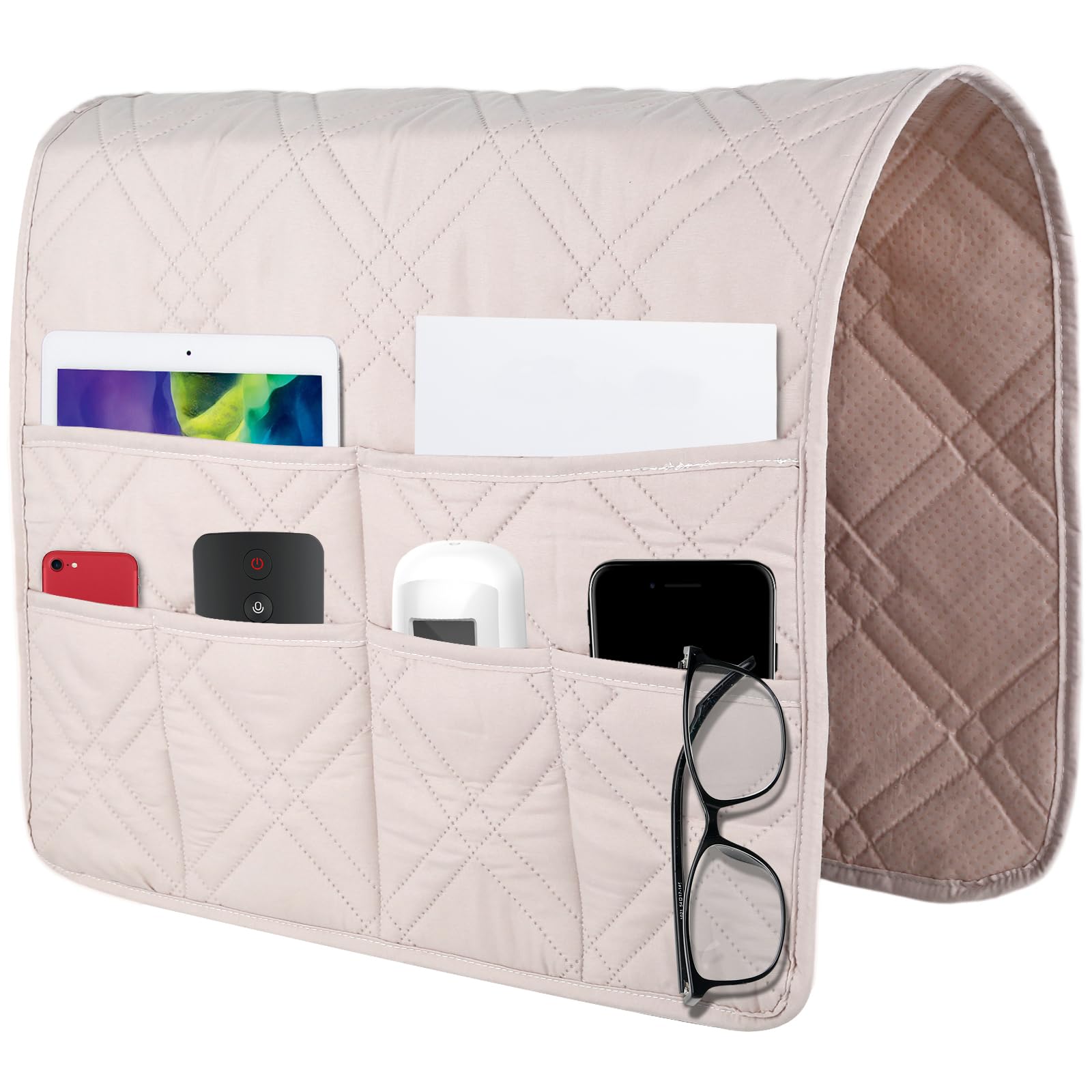 Yunyouc Beige Sofa Remote Control Holder Armchair Caddy, Non-Slip Bedside Sofa Caddy, Hanging Soft Armrest Organiser, Arm Chair Tidy Organisers With 6 Pockets For Tablet Cellphone Magazines Book Glasses(Beige)
