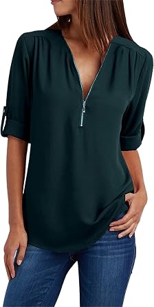 YMING Womens Casual Zipper Chiffon Blouse Long Sleeve Loose Fit Shirt V Neck Solid Color Tops Plus Size