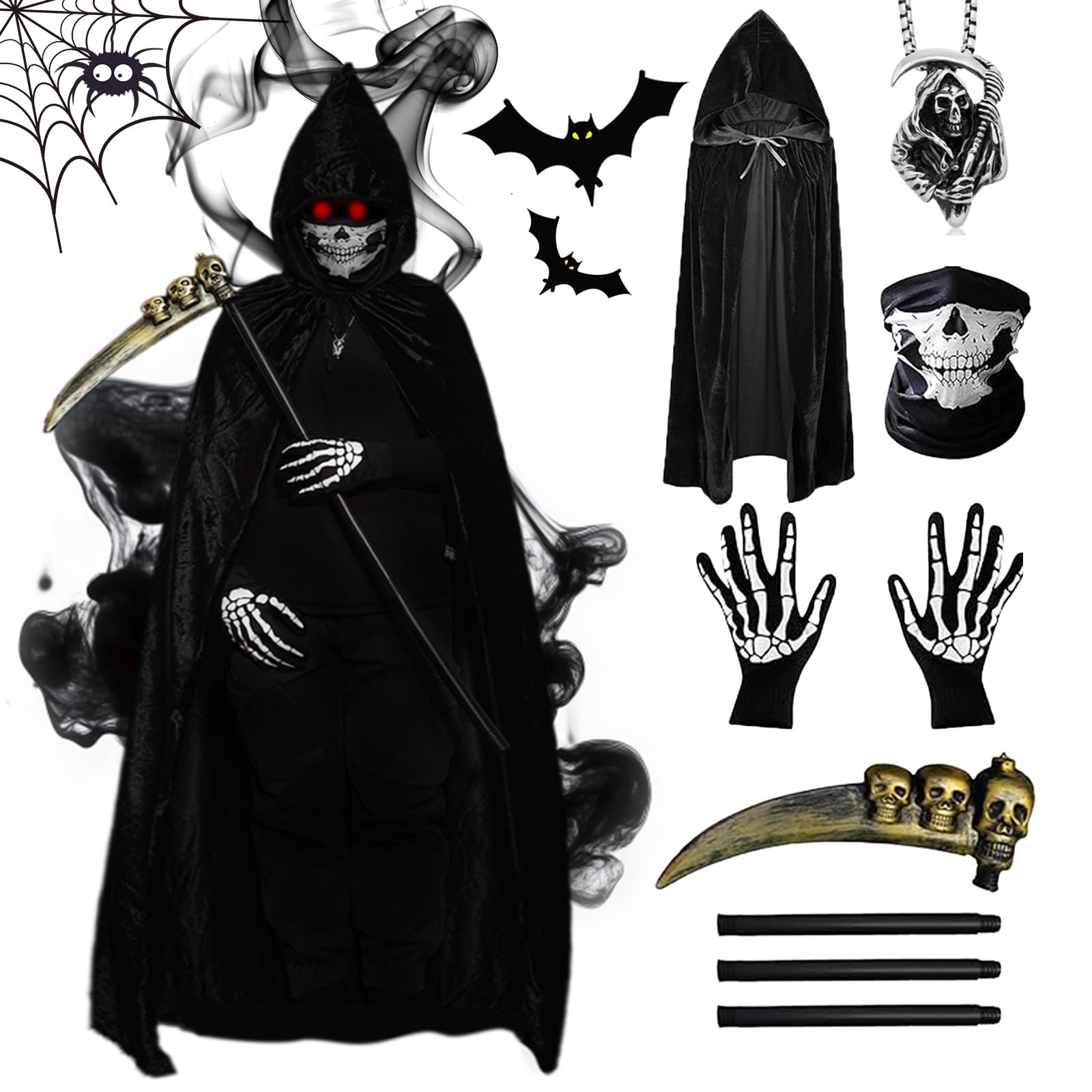 5 PCS Grim Reaper Costume, Halloween Costumes, Velvet Black Hooded Cloak Set with Grim Reaper Scythe Skeleton Mask Skeleton Gloves Necklace for Halloween Cosplay Outfits Party Women Men