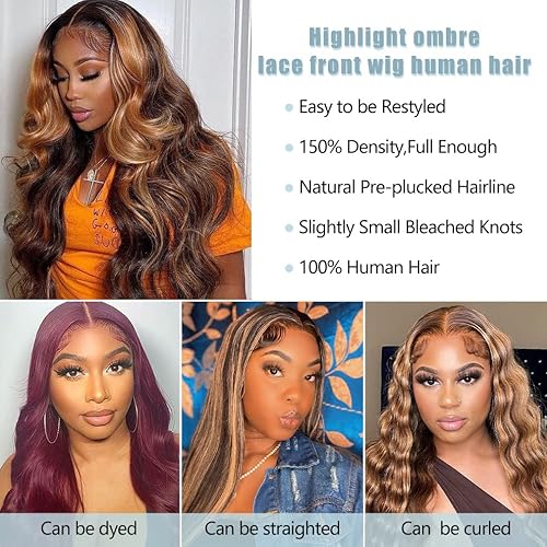 Miniatura 4 de LZGYE Peluca de cabello humano degradado con encaje frontal transparente HD 13x4 predepilada con abuelitos densidad del 150 cabello humano de color