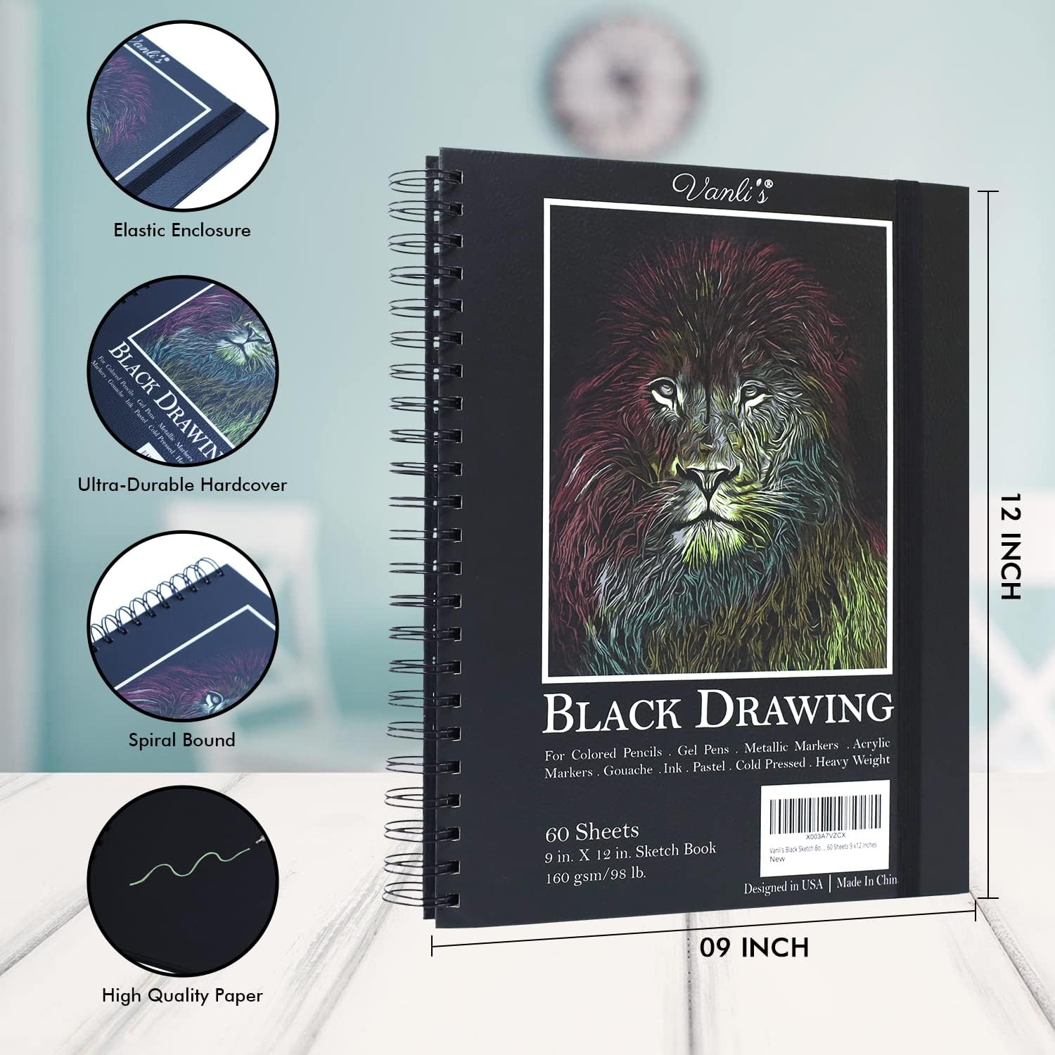 Vanli's Hardcover Black Paper Sketchbook & 12 Pack Ball Point Gel Pens Set - 2 White & 10 Colorful Pens for Drawing, Sketching, & Journaling. 9" x 12" Spiral Bound, Acid Free Black Art Paper thumbnail