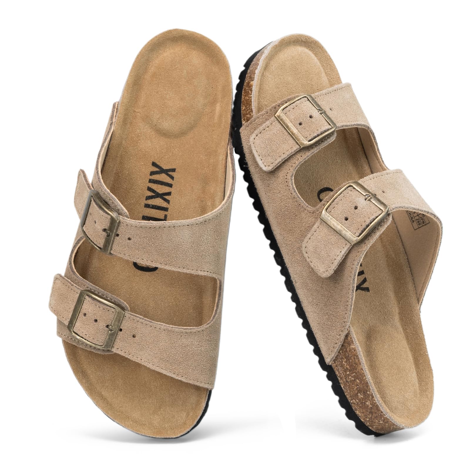 XIXITIAO Wildleder Sandalen für Damen mit Verstellbarer Doppelschnalle, Kork Fußbett Flache Pantoletten mit Fußgewölbeunterstützung und Korkfußbett, Rutschfeste, leichte Schlappen Sommerschuhe