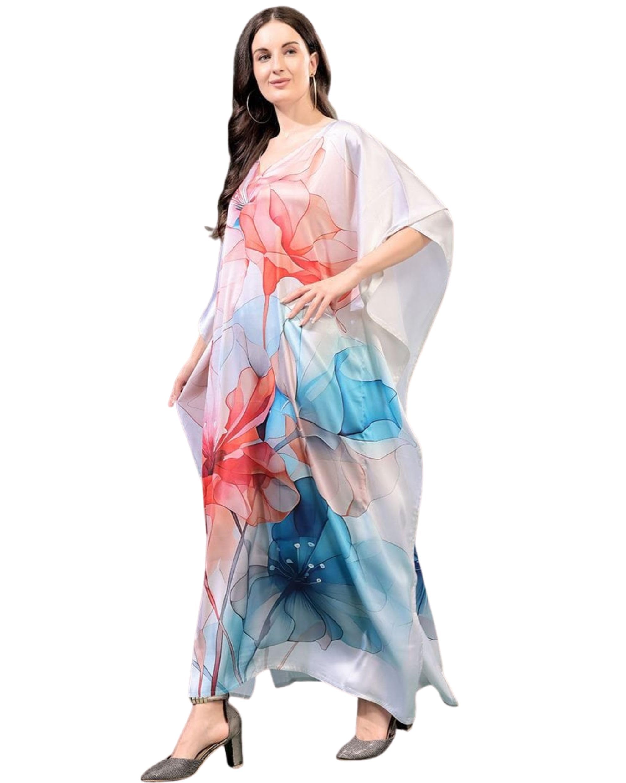 A.S. Women Floral Printed Kaftan Maxi Dress V Neck Loose Fit Satin Lounge Wear Beach Cover Up Resort Wear Casual Summer Long Dress for Women (Free Size) Multicolour-image-39