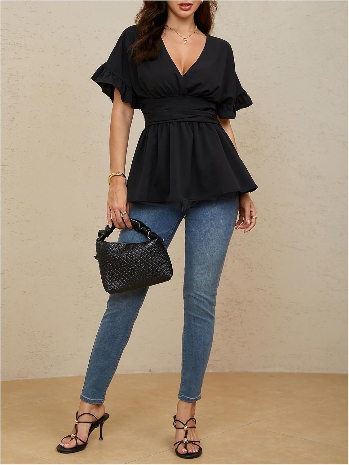 MakeMeChic Women's Wrap V Neck Peplum Tops | Business Casual Tops for Women, Ruched, Ruffle, Babydoll Tops, Long Sleeve Blouse Shirts