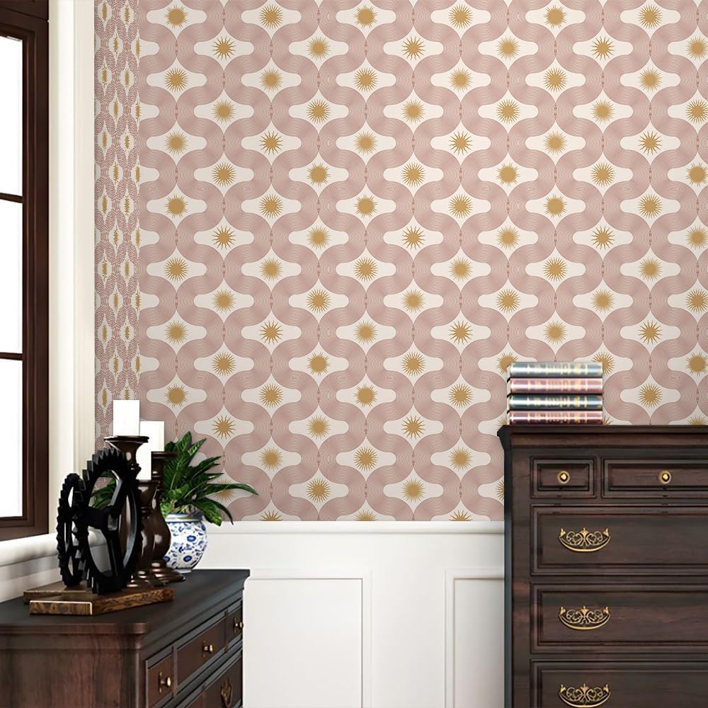 REDAMANCY Boho Abstract Art Beige/Yellow Modern Mosaic Sun Geometric Peel and Stick Wallpaper Stick on Contact Paper Wall Paper Easy Peel Off for nightstand Drawer Cabinet Renter
