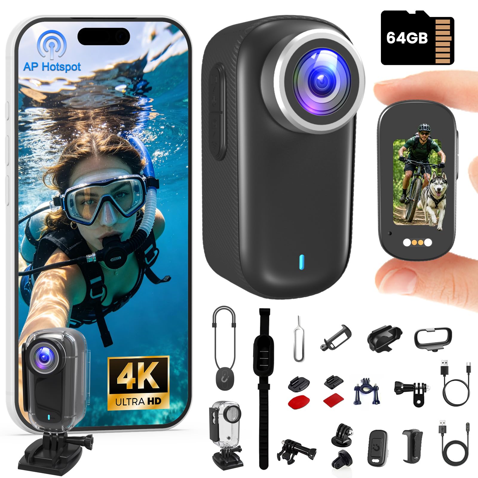 Bextgoo Camera Sport, Mini Caméra Sport 4K, Action Camera Moto WiFi 64Go