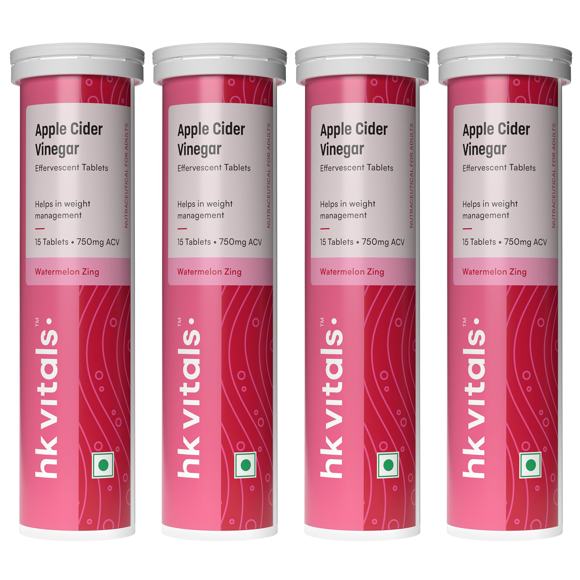 hk vitals Apple Cider Vinegar 750mg (Watermelon, 15 Effervescent Tablets) Pack of 4| For Weight Management & Gut Health, Supports Digestion
