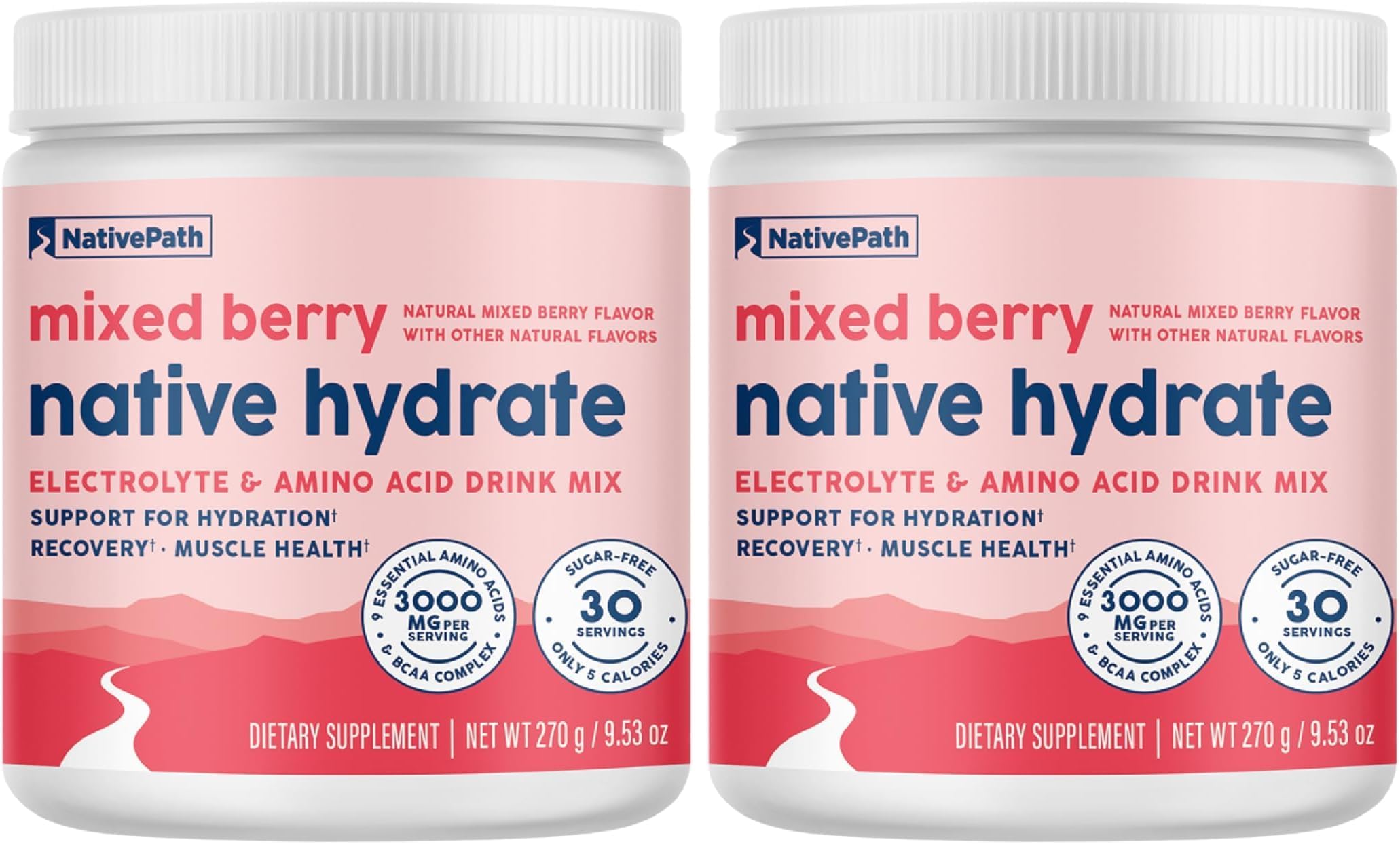 NativePath Native Hydrate, Zero Sugar, Electrolytes Powder with BCAAs, Mixed Berry Hydration, Keto & Paleo Friendly, 30 Servings (Pack of 2)