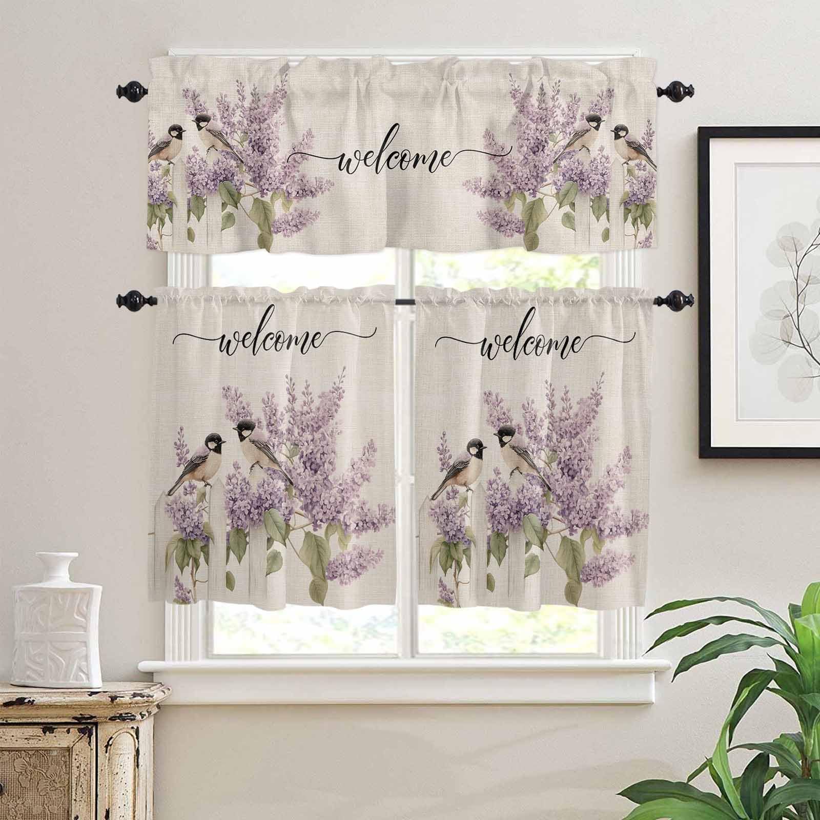 Lavender Bird Kitchen Curtains 24 Inch Length, 3 Piece Rod Pocket Small Half Tiers and Valance Set, Country Purple Garden Flowers Spring Small Large Window Treatment Decor for Bedroom/Bathroom Sink