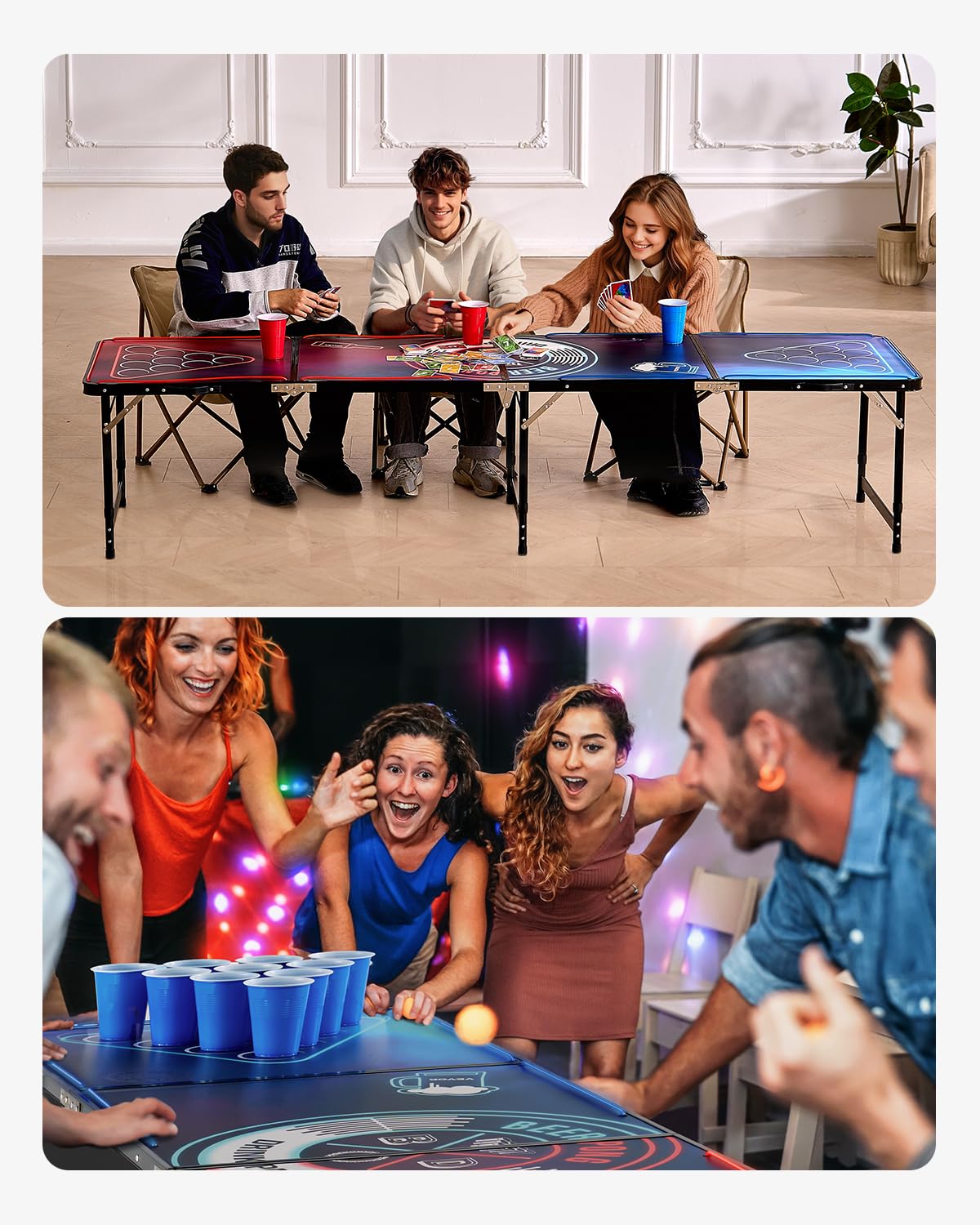 VEVOR Tavolo da Beer Pong Portatile 2,4 m con Luci a LED, Tavolo Pieghevole con Maniglia per Trasporto e 6 Palline da Pong, Altezza Regolabile 2 Livelli 710 mm 520 mm Carico Max 30 kg, Feste