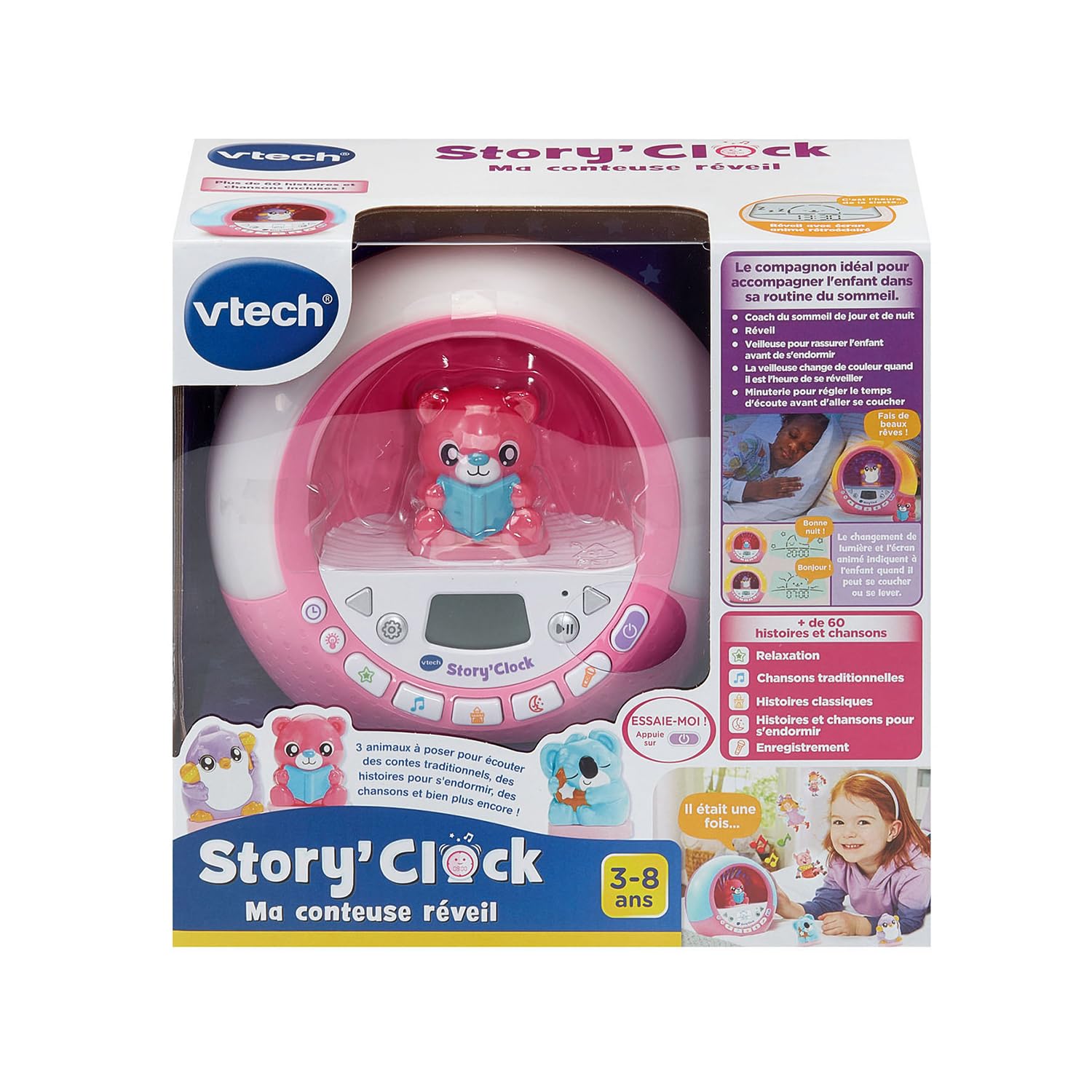VTech - Story'Clock Rose Ma Conteuse-Réveil - Veilleuse Réveil Éducatif Jour/Nuit - Coach Sommeil Enfant - Boîte à Histoires, 3 Figurines et Projections - Cadeau Enfant Dès 3 Ans - Contenu en Français