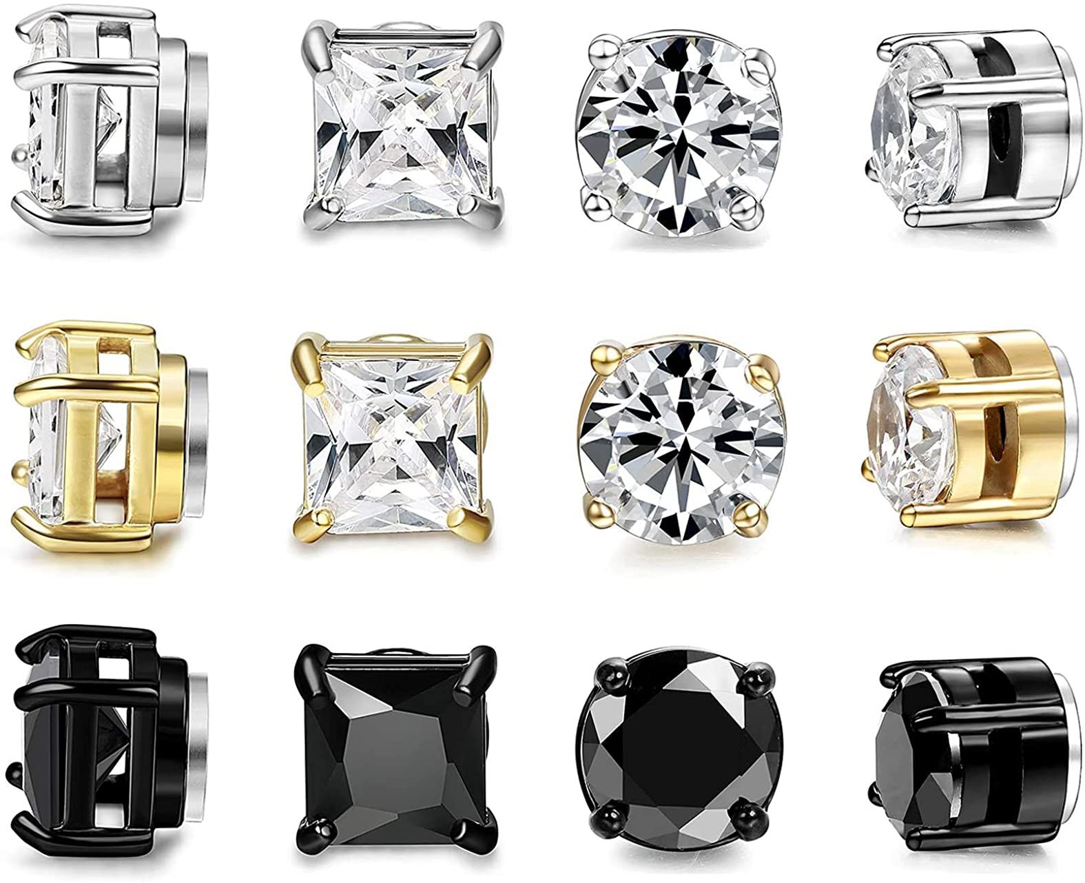 CASSIECA 6 Pares Acero Inoxidable Imanes Pendientes Magnéticos Imán Hombre Mujer Niña CZ Falsos Oreja Pendientes Sin Perforación Redondos Clip Sin Agujero No Piercing Pendiente Negro Plata Dorado