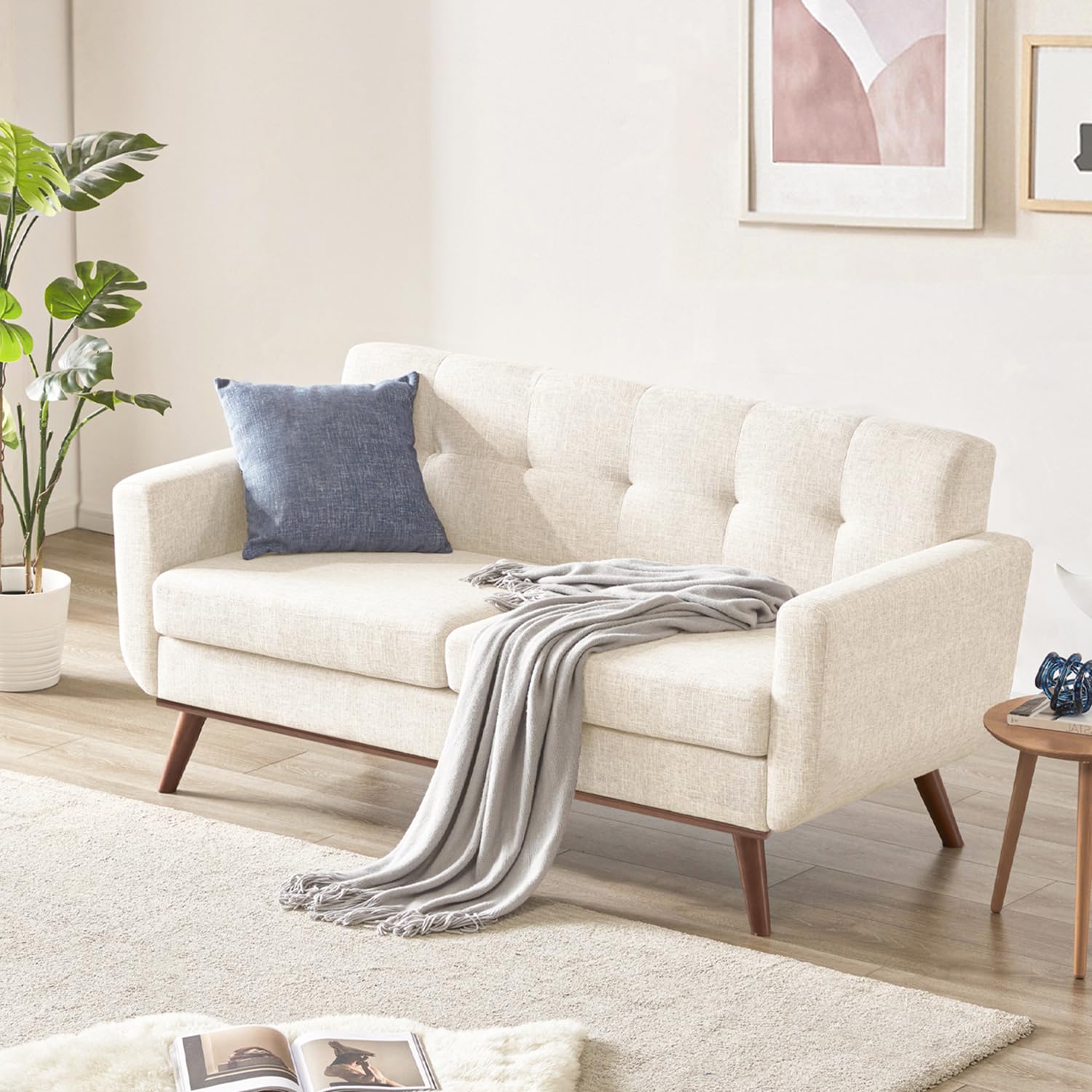 Tbfit Loveseat Sofa Mid-Century Love Seat Couches Boucle Small Sofa for Living Room Bedroom Office Button Tufted Upholstered