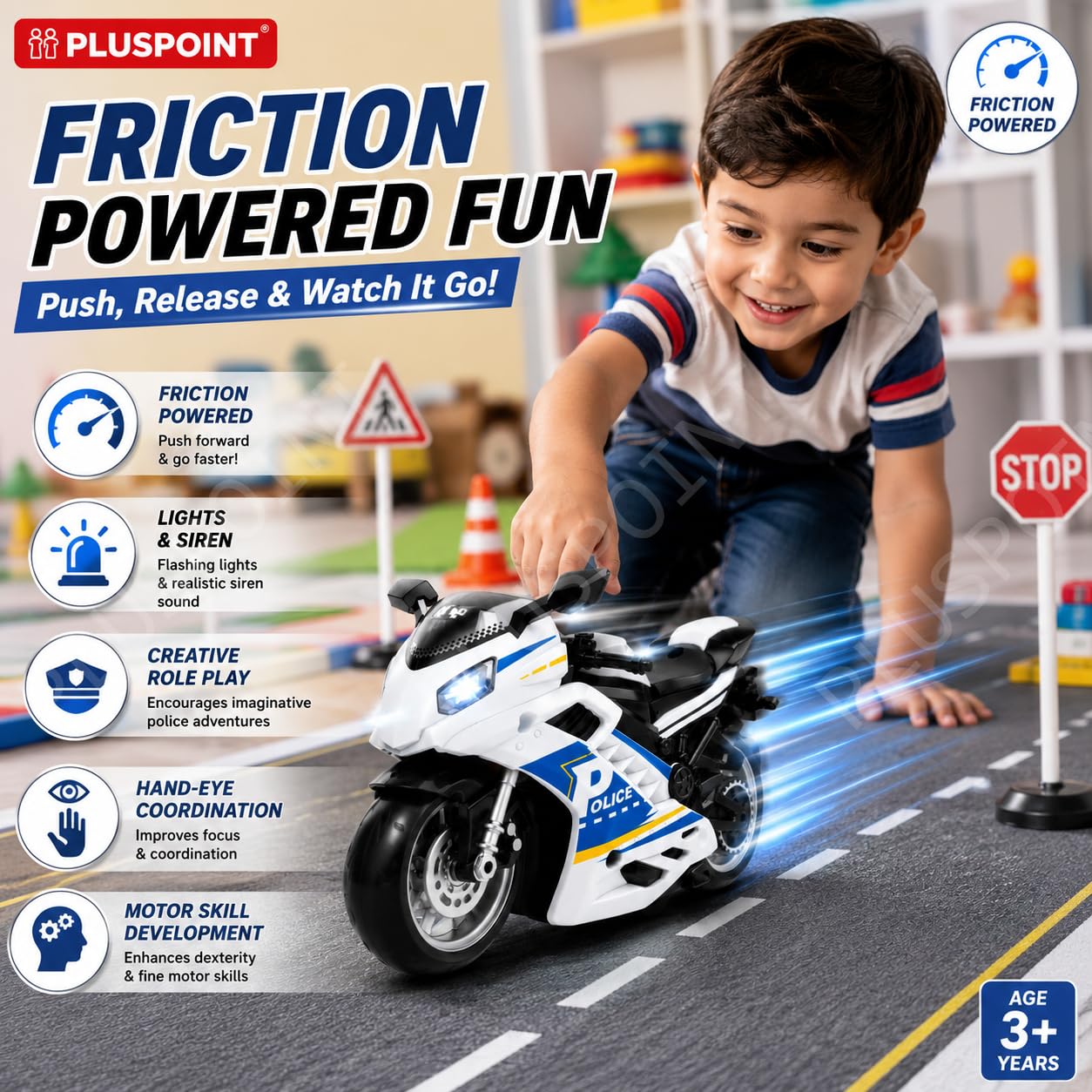 PLUSPOINT Police Rescue Motorcycle Toy | Friction Powered Police Bike with Lights, Siren Sound & Inertial Push and Go Action | Emergency Vehicle Toy for Kids Boys & Girls Age 3+ 2