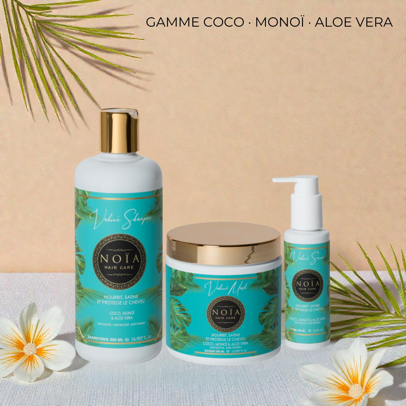 NOÏA HAIR – Trio Capillaire Professionnel VAHINÉ – Shampoing, Masque & Sérum – Nutrition & Hydratation – Monoï – Cheveux Secs, Ternes ou Déshydratés