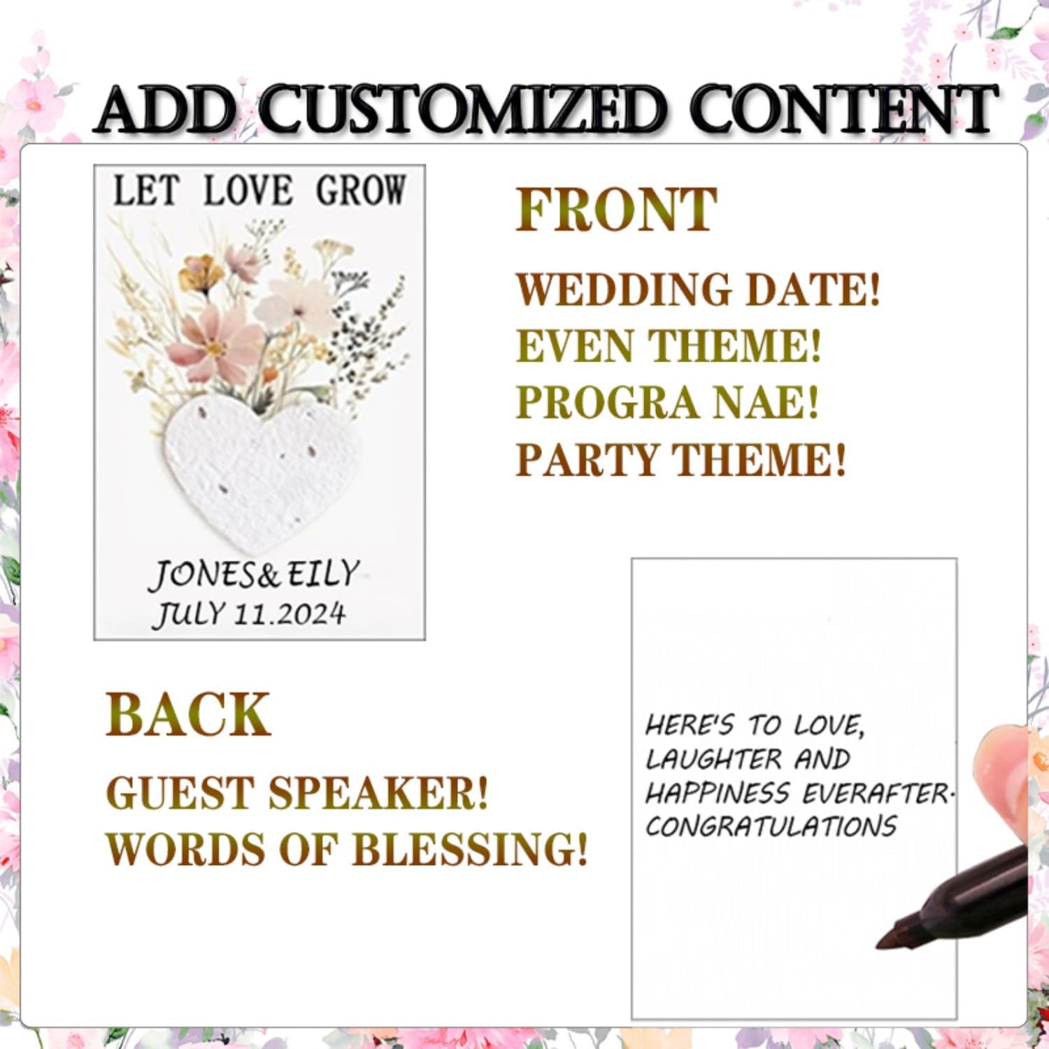 50 Wedding Guest Favors, Let Love Grow Seeds Paper Greeting Card Set, Handwritten Customizable Content with Pen, Organza Bag and Heart Shaped Paper Greeting Cards