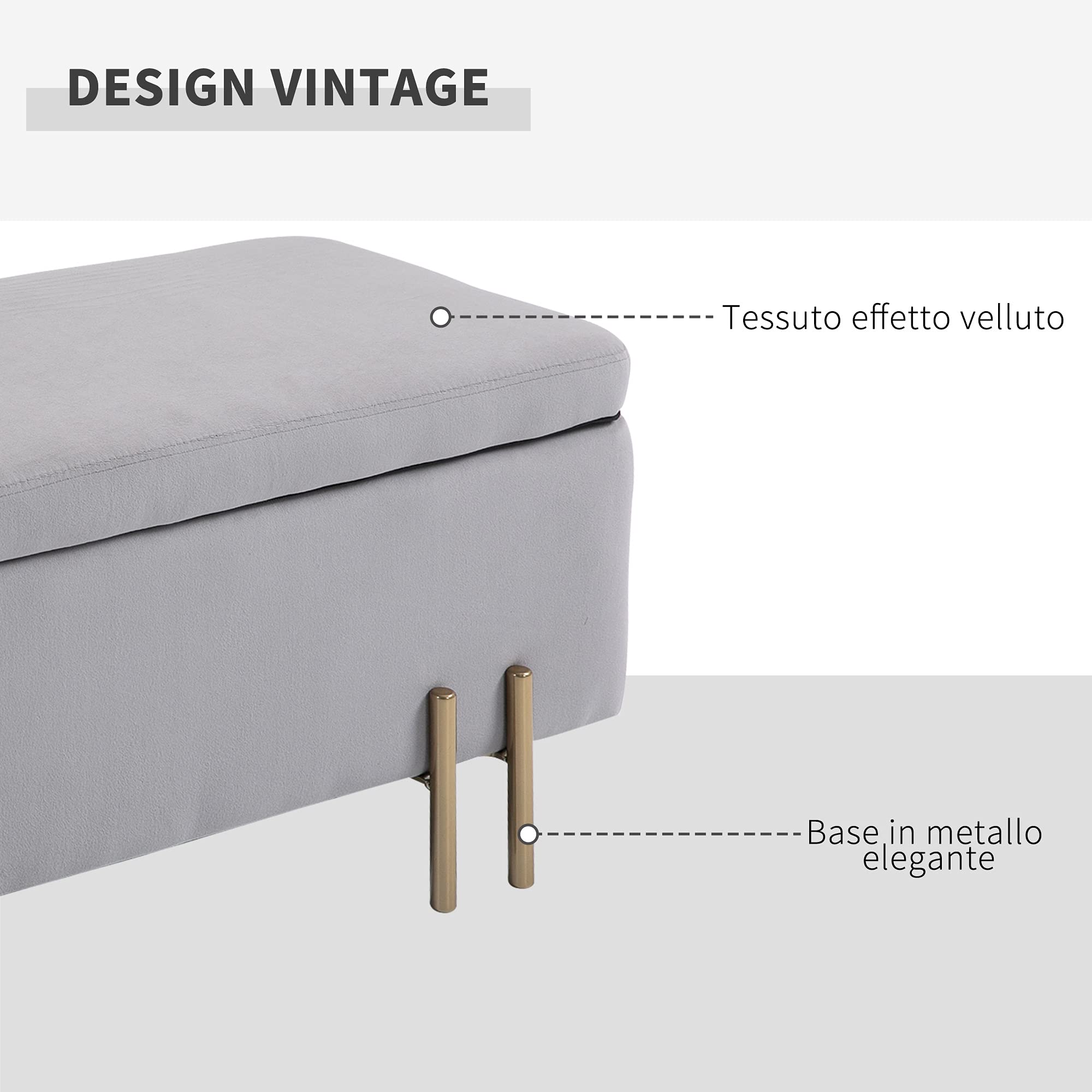 HOMCOM Cassapanca Panca Contenitore Poggiapiedi 72L con Vano Portaoggetti e Coperchio Sollevabile, Pouf Panca Imbottita in Velluto e Gambe in Metallo per Camera da Letto e Ingresso, 100x40x42cm,Grigio
