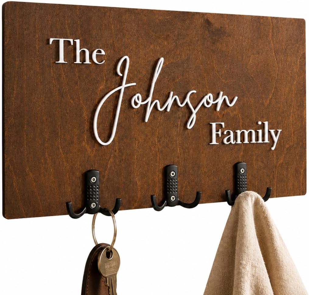 Personalized Family Name Key Holder for Wall, Custom Wooden Last Name Sign with Metal Hooks, Wall Mounted Key Rack and Entryway Organizer, Rustic Farmhouse Home Decor