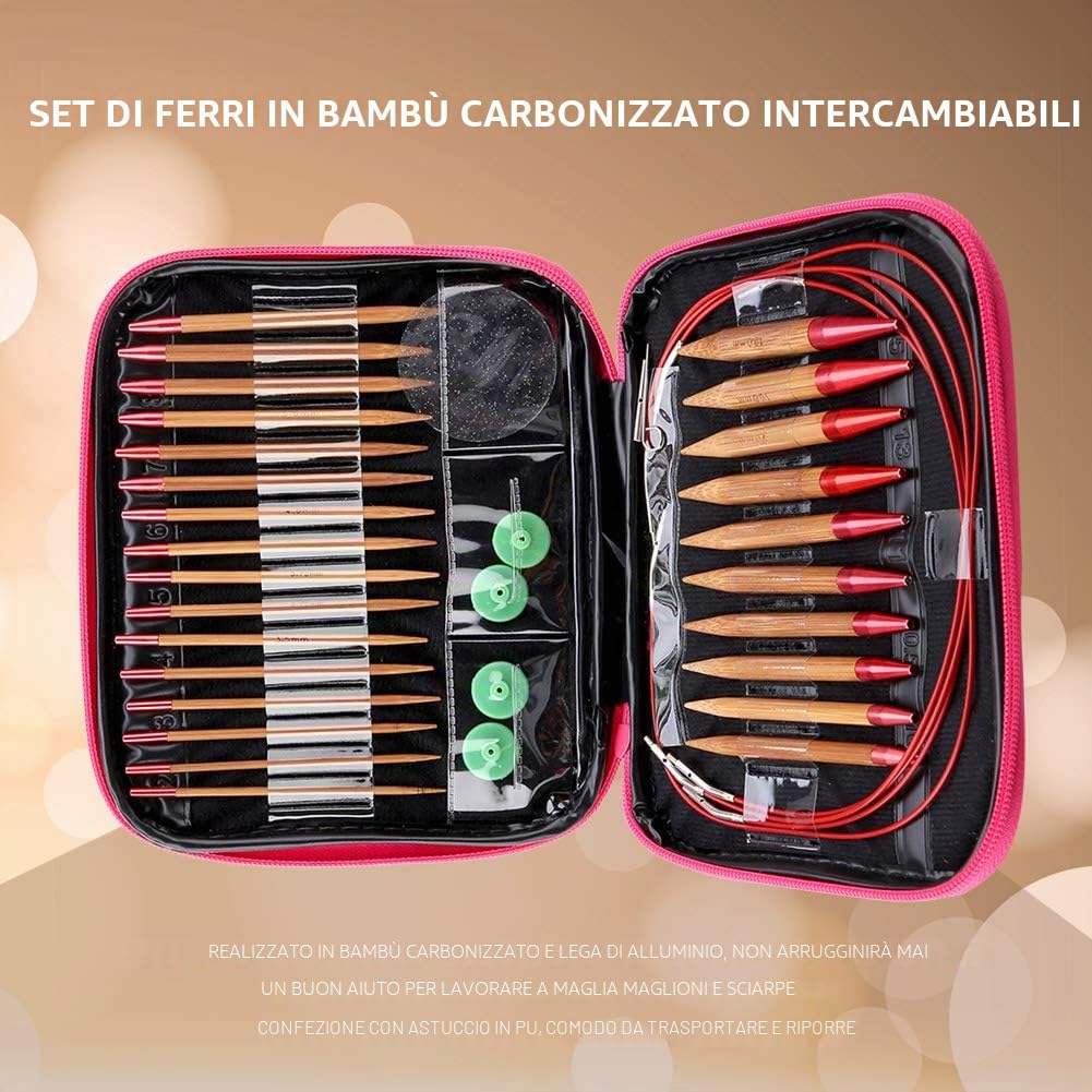 Ferri da Maglia Circolari in bambù, Ferri da Maglia Circolari Intercambiabili Set di Aghi in bambù Carbonizzato Intercambiabili Set di Anelli in Alluminio con Ferri