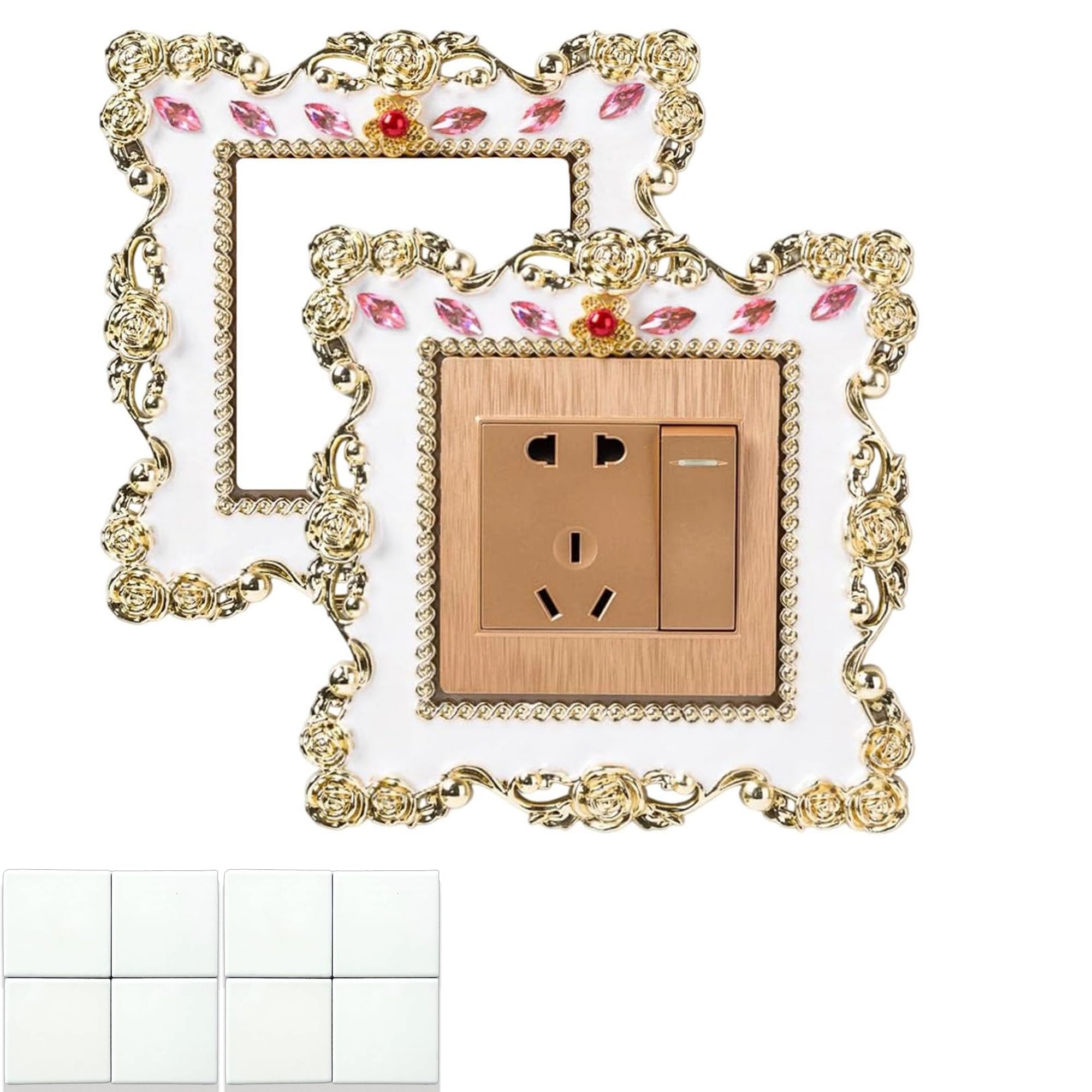 Dwuent Gold Light Switch Surround, Light Switch Cover Plates, Light Switch Covers, 2Pcs En White Switch Plates, 8.6X8.6cm Plastic Wall Covers For Home Office Decor