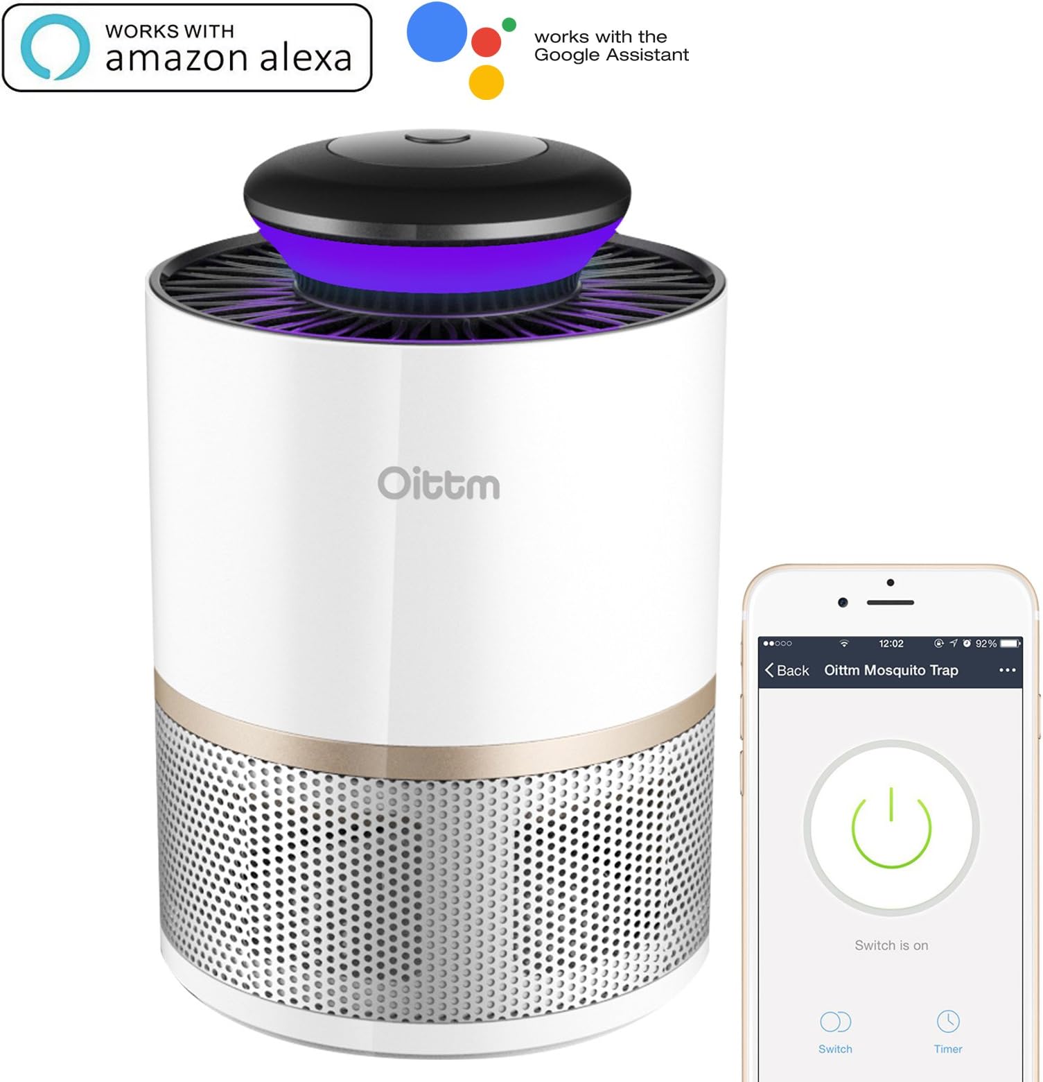 Smart Mosquito Killer, Non-toxic Indoor LED Mosquito Trap Insect Inhaler Lamp, Remote Control and Timer with smartphone, Compatible with Alexa, Google Home (White)