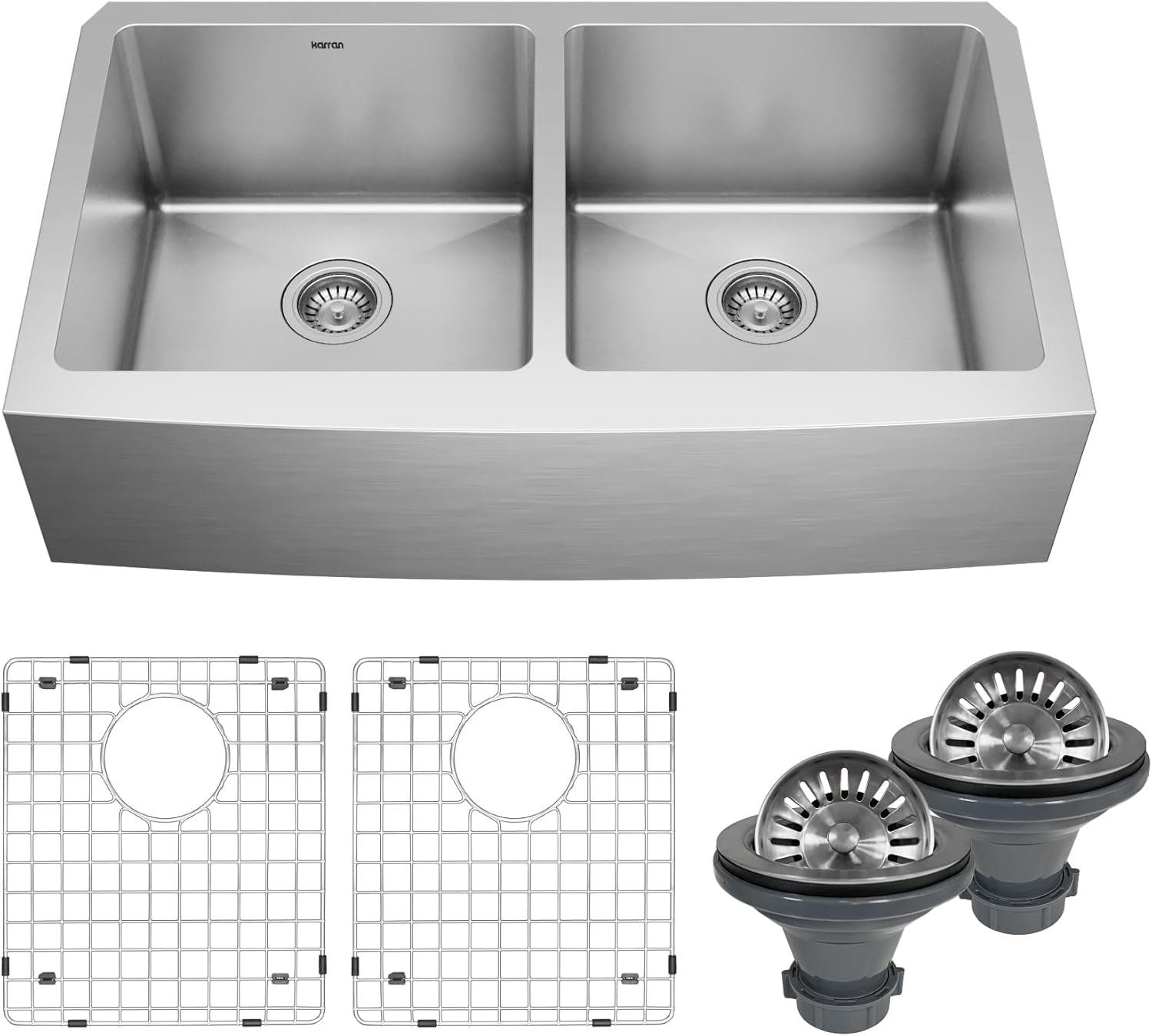 Karran Elite EL-88 Apron-Front Stainless Steel 36 in. 16-Gauge Double Bowl Farmhouse Kitchen Sink Kit