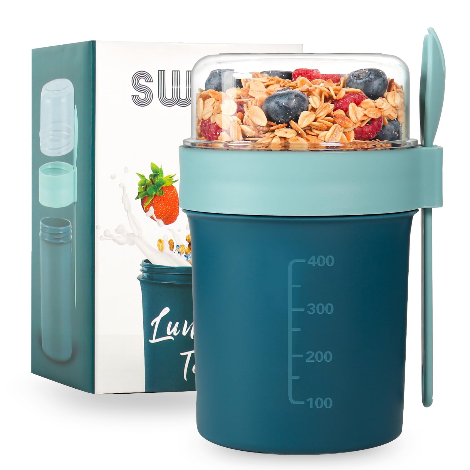 Swkien Müslibecher to go mit Löffel - Auslaufsicherer Joghurtbecher to go mit Unterteilung (560ml + 220ml) - Spülmaschinengeeignet & BPA-Frei - für Büro, Fitness, Schule, Reise - Marineblau