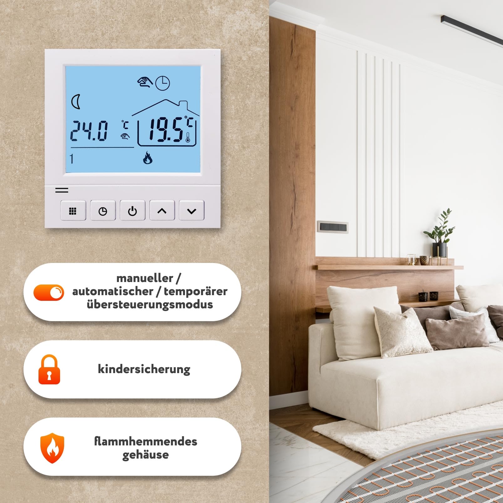 Elektryczne ogrzewanie podłogowe do płytek: mata grzewcza WARMON CLASSIC 150 W/m² z cyfrowym termostatem TS 50 biała, rozmiar maty: 3,5 m²