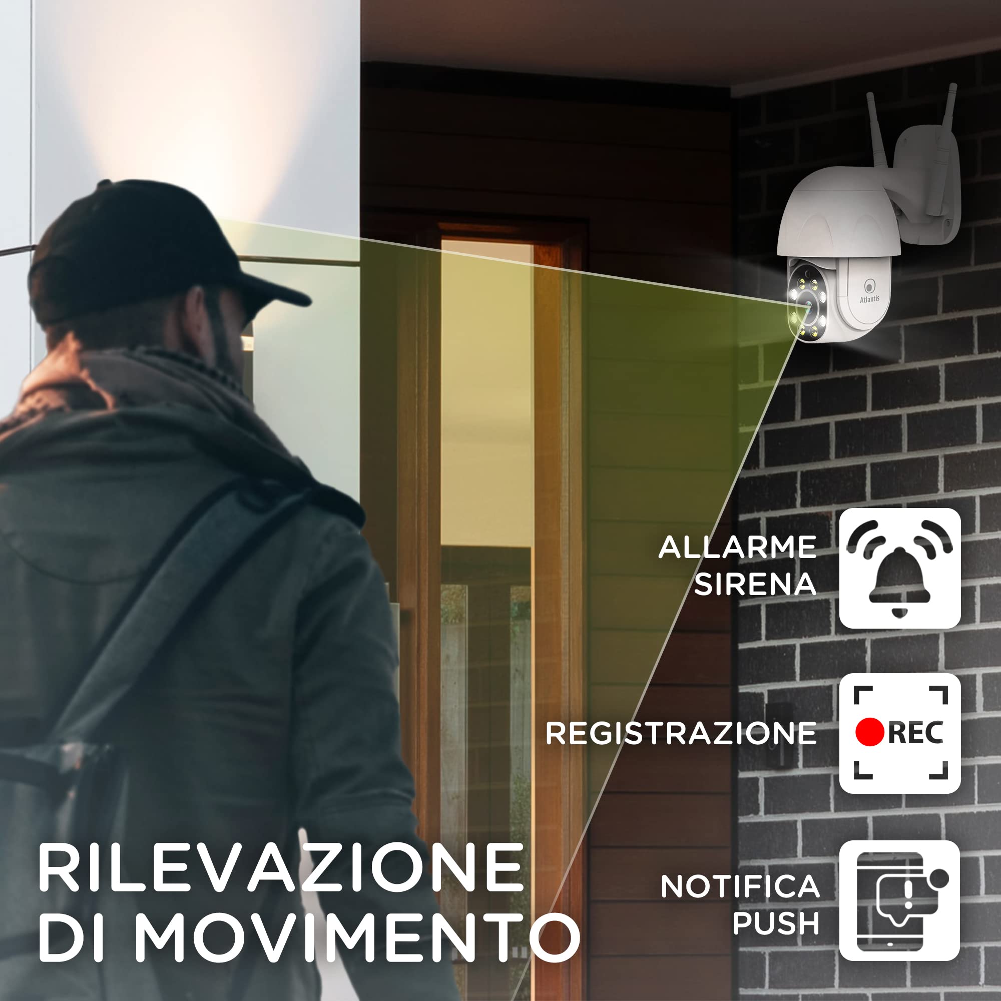 ATLANTIS Telecamera Ip di sorveglianza WiFi da esterno, motorizzata pan e tilt, A14-SC930-PT, 2M pixel 1920x1080p, IP64, visione notturna a colori o B/N 15m, slot SD, Onvif, Wireless, APP Tuya