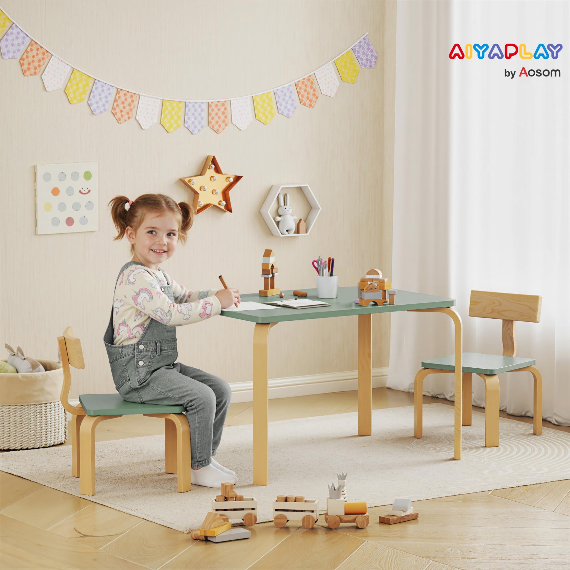 AIYAPLAY Table Enfant avec Chaise, Ensemble Table et 2 Chaises en Bois pour Dessiner, Jouer, Étudier, 3-8 Ans, Vert