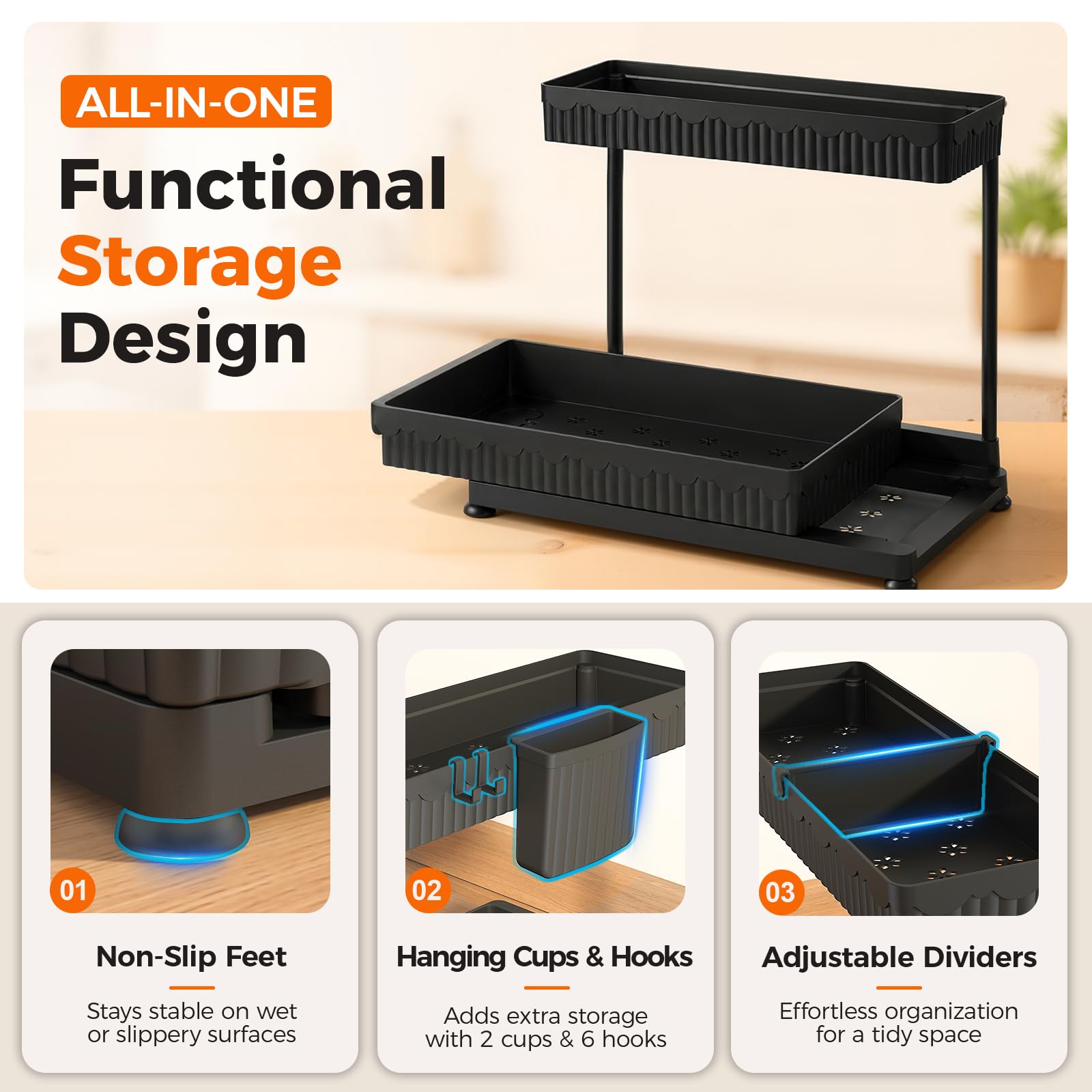 Sevenblue Paquete de 3 organizadores de almacenamiento extraíbles multiusos, organizadores de 2 niveles en forma de L para debajo del fregadero/armario y almacenamiento para baño y cocina, (negro