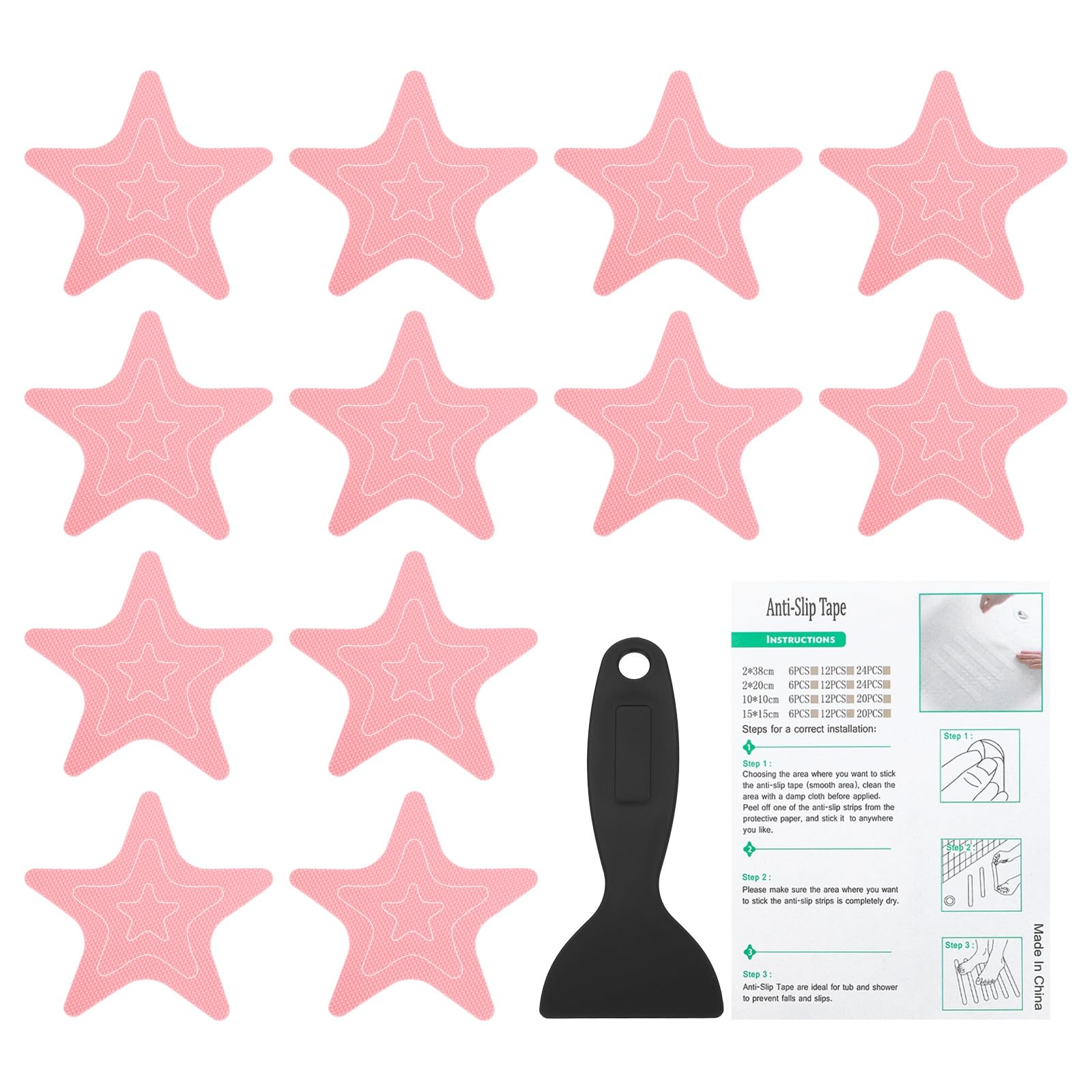 PATIKIL Bathtub Non Slip Stickers, 12 Pack Star Safety Shower Floor Anti Slip Stickers with Adhesive Decals Scraper for Bath Tub Shower Floor Stair, Pink