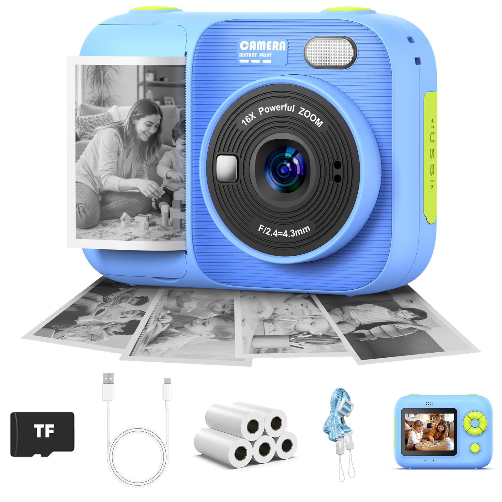Kids Camera Instant Print with 5 Rolls Print Paper, Instant Camera for Kids with TF Card, 1080P Kids Digital Video Recorder, Gift Toy for Boys Girls (Blue)