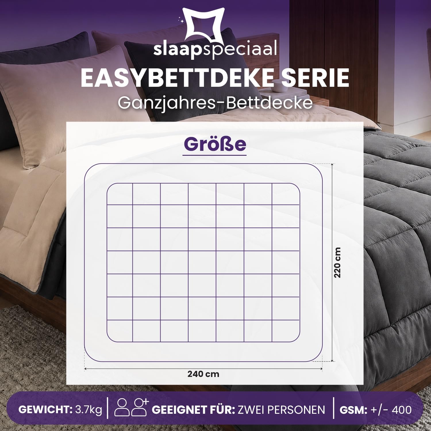 Bettdecke ohne Bezug 240x220 - Ganzjahresdecke Wärmeklasse 2 | Steppdecke mit Gelfasern für Daunengefühl [Softcell Füllung] - Extra Weich - Inklusive waschbarem Kissenbezug - Grau Beige