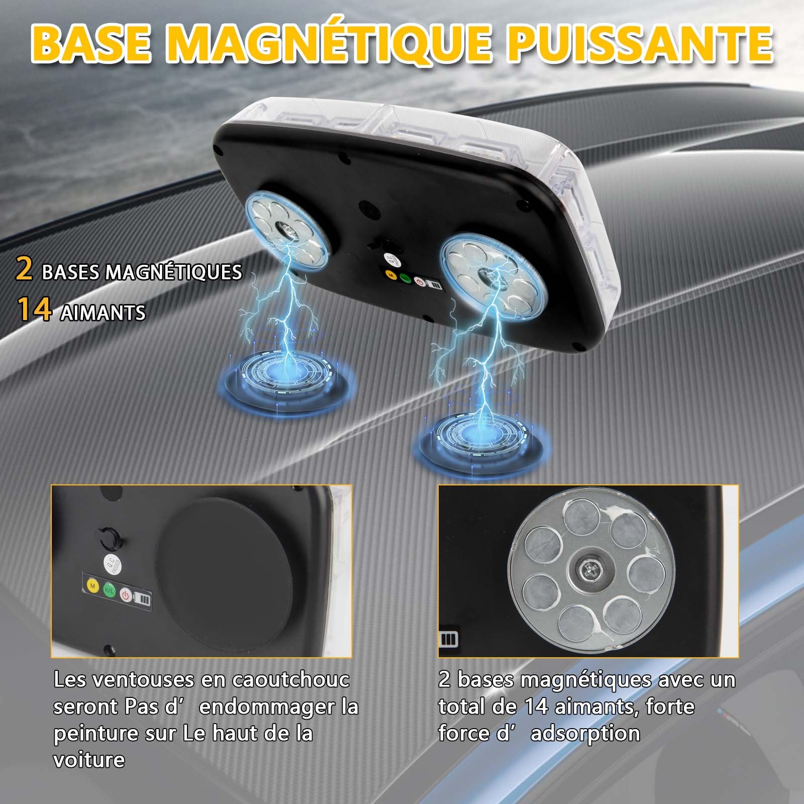 Lumières stroboscopiques ambre sans fil avec Base magnétique, lumière de balise de secours Rechargeable de 48 LED, lumière clignotant de toit pour les véhicules de camions de voiture