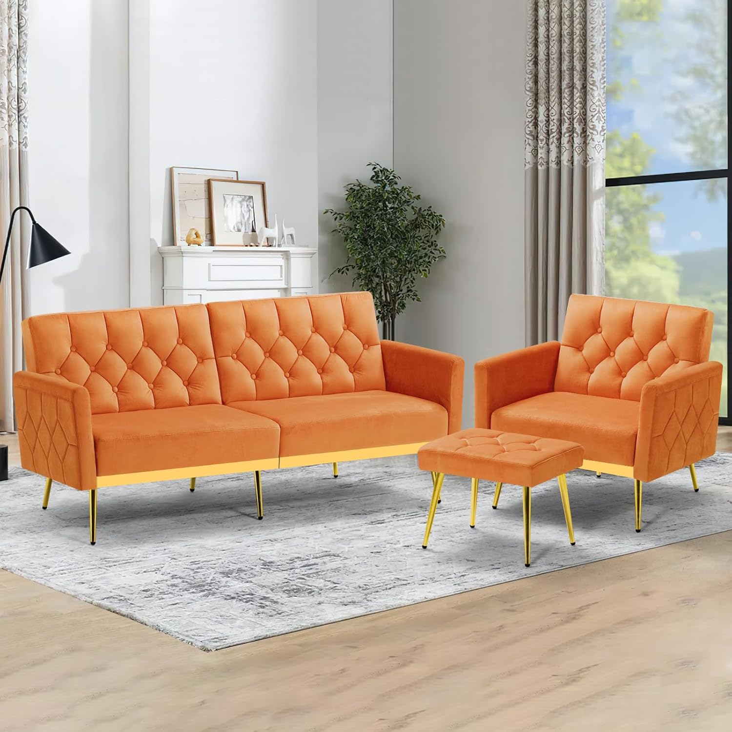 2 Pieces Velvet Sofa Set w/Adjustable Armrests and Backrests, Tufted Accent Chair w/Ottoman, Convertible Futon Sofa Bed for Bedroom, Living Room, Apartment, Orange