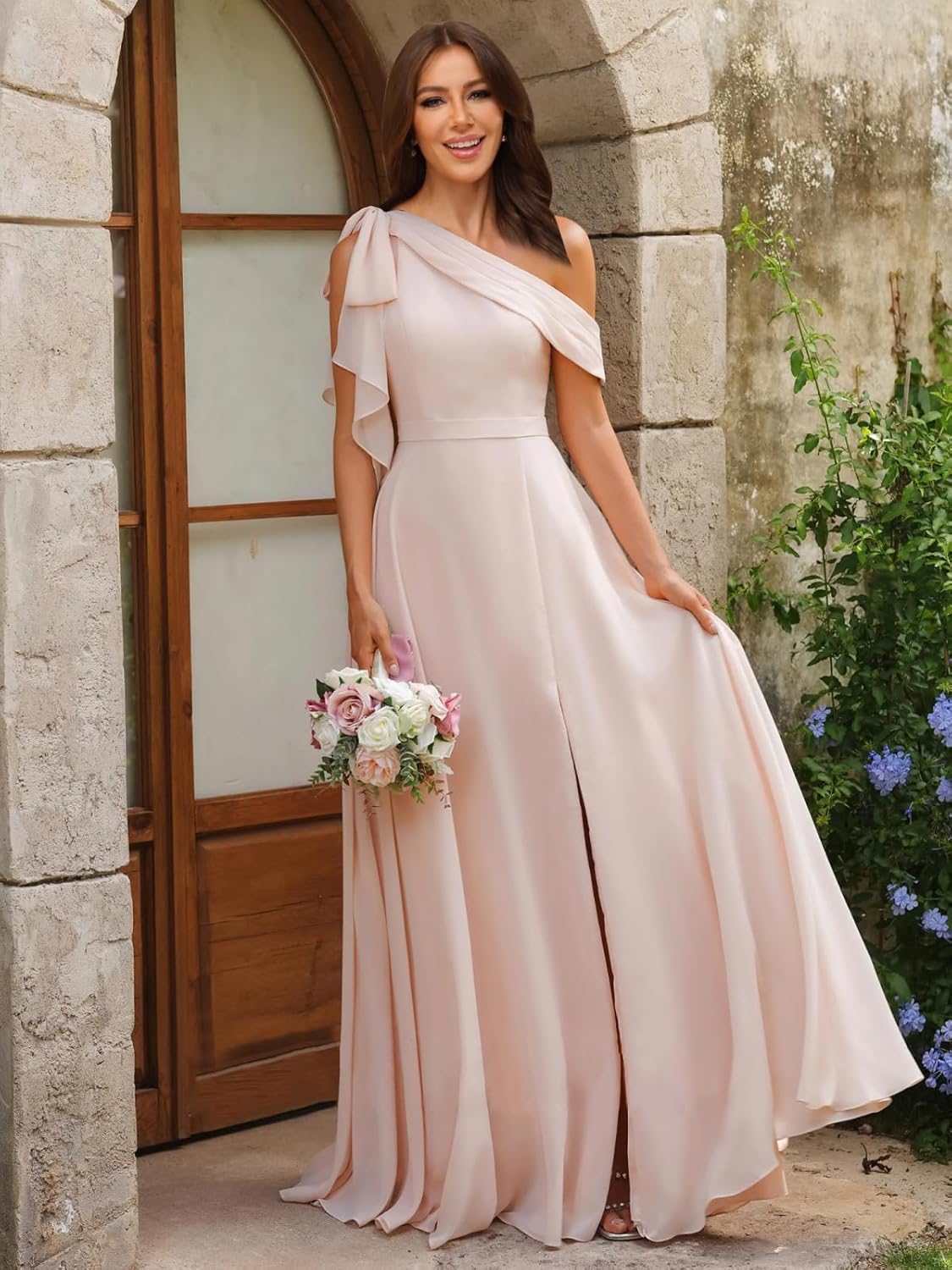 homdor One Shoulder Bridesmaid Dresses 2026 Long for Women Chiffon Formal Dresses A Line Pleated Evening Gown with Bow