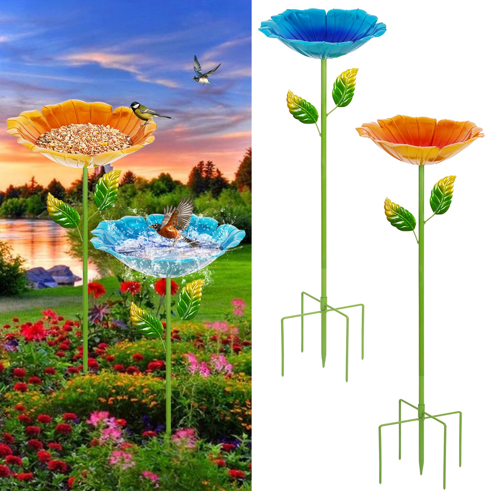 2 Pack Bird Bath for Outside, Outdoors Garden Decor Flower Birdbath