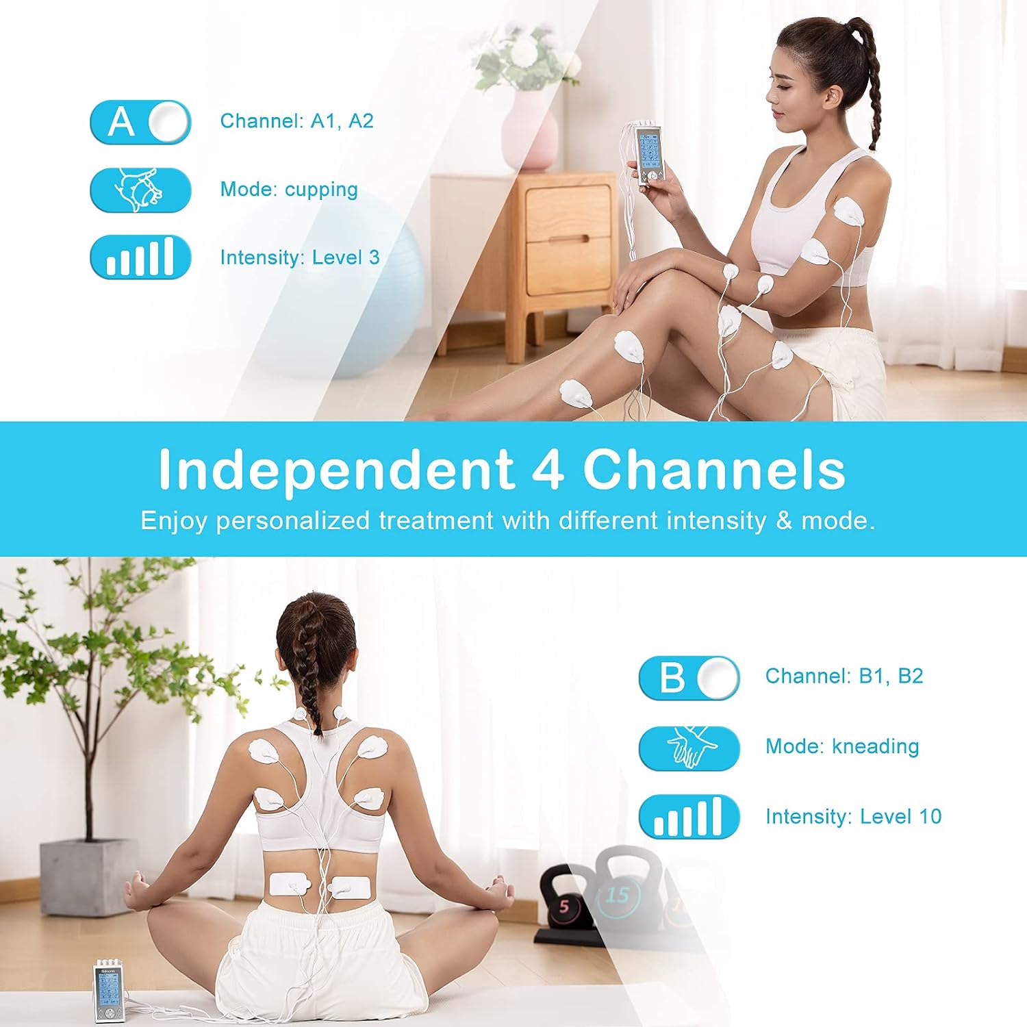 Woman using Brilnurse TENS unit with pads on shoulders and back