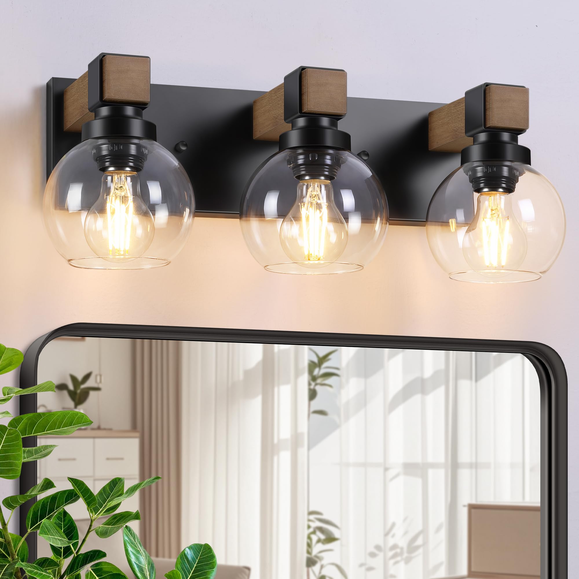 Farmhouse Bathroom Light Fixtures 3-Light Rustic Wood Bathroom Lights Over Mirror with Glass Globe Shades Matte Black Wall
