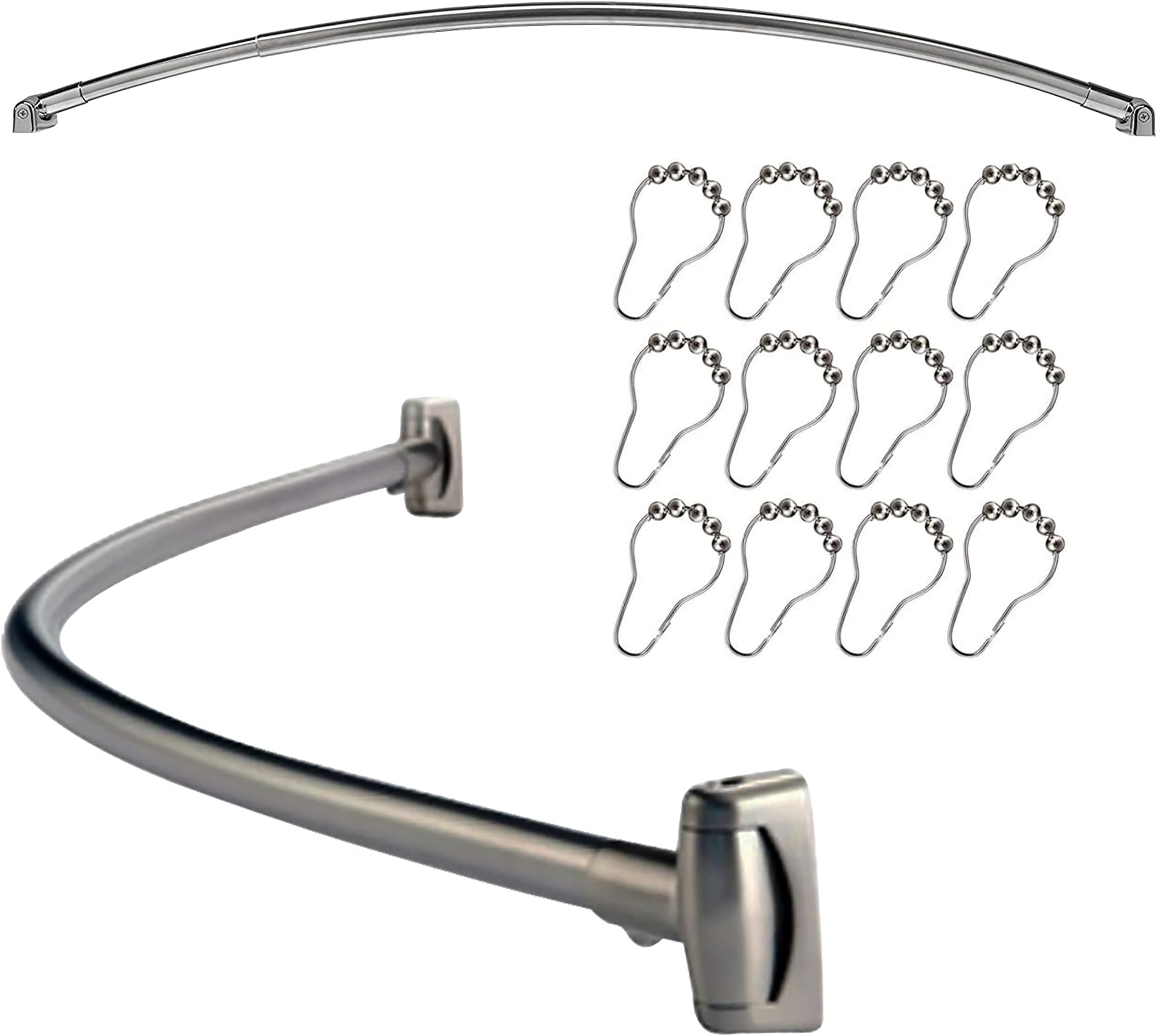 Stainless Steel Extensible Curved Oval Shower Curved Oval Shower Curtain Rod Rail & Set of 12 Free Rings Hooks by Crystals®