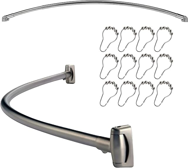 Crystals Stainless Steel Extensible Curved Oval Shower Curved Oval Shower Curtain Rod Rail & Set of 12 Free Rings Hooks