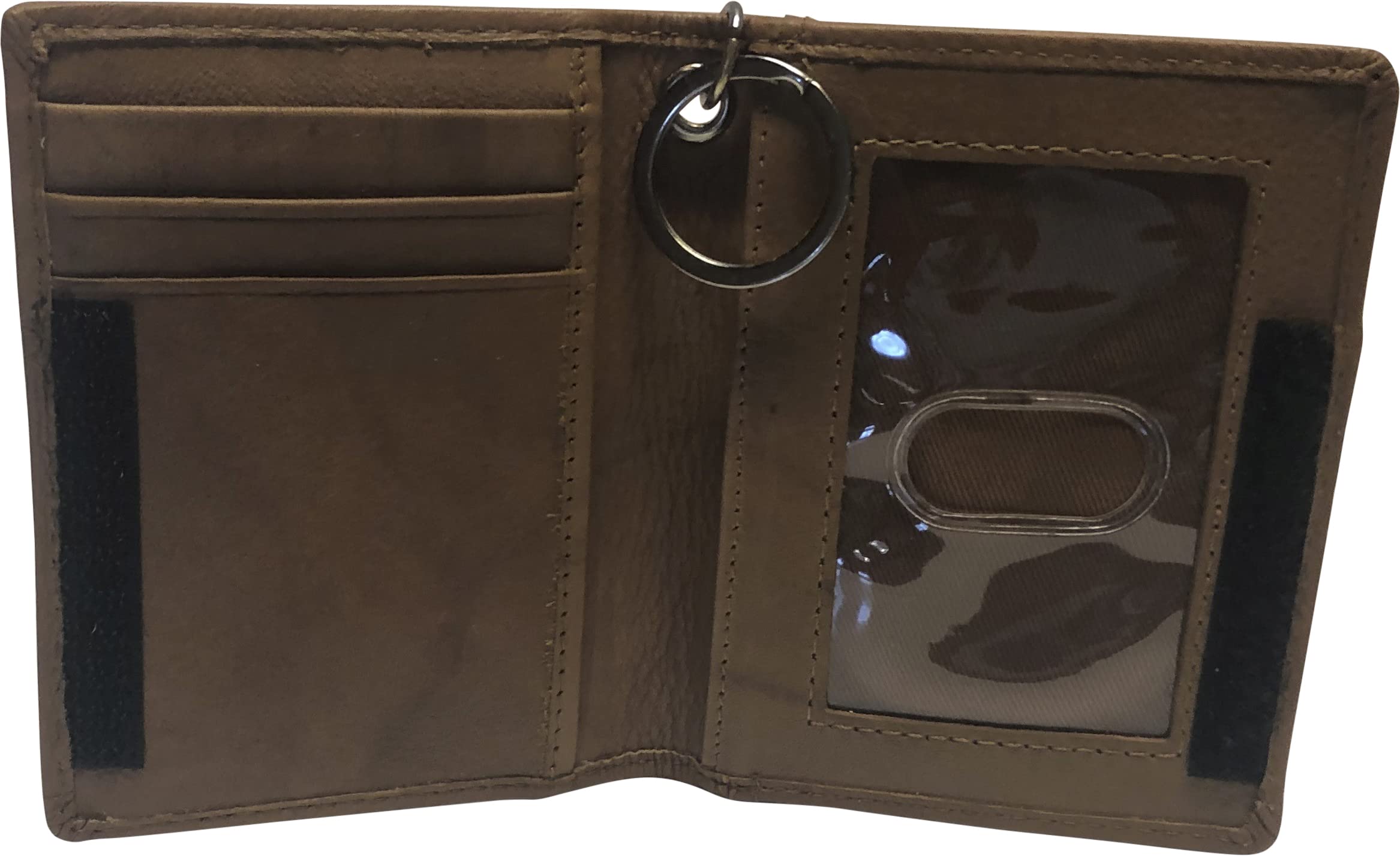 Two-Fold Small Dual Clear Window Leather Bifold ID Card Holder Wallet and Key Chain for Men and Women (Brown)