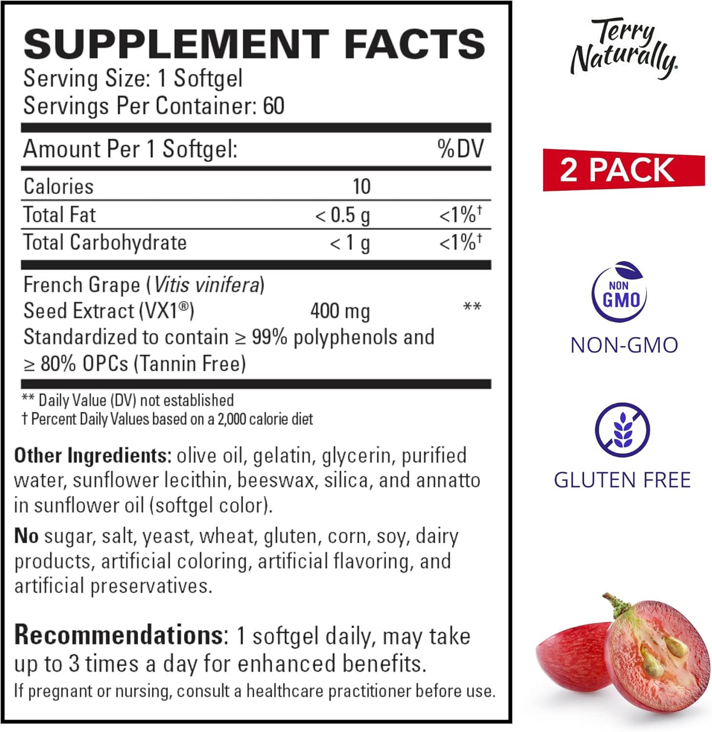Terry Naturally Clinical OPC Extra Strength (2 Pack) - 400 mg French Grape Seed Extract, 60 Softgels - Supports Heart & Immune Health, Antioxidant - Non-GMO, Gluten-Free, Kosher - 120 Total Servings : Health & Household
